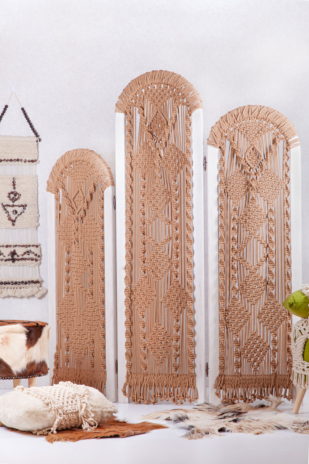 Beige Macrame Wooden Screen Room Divider