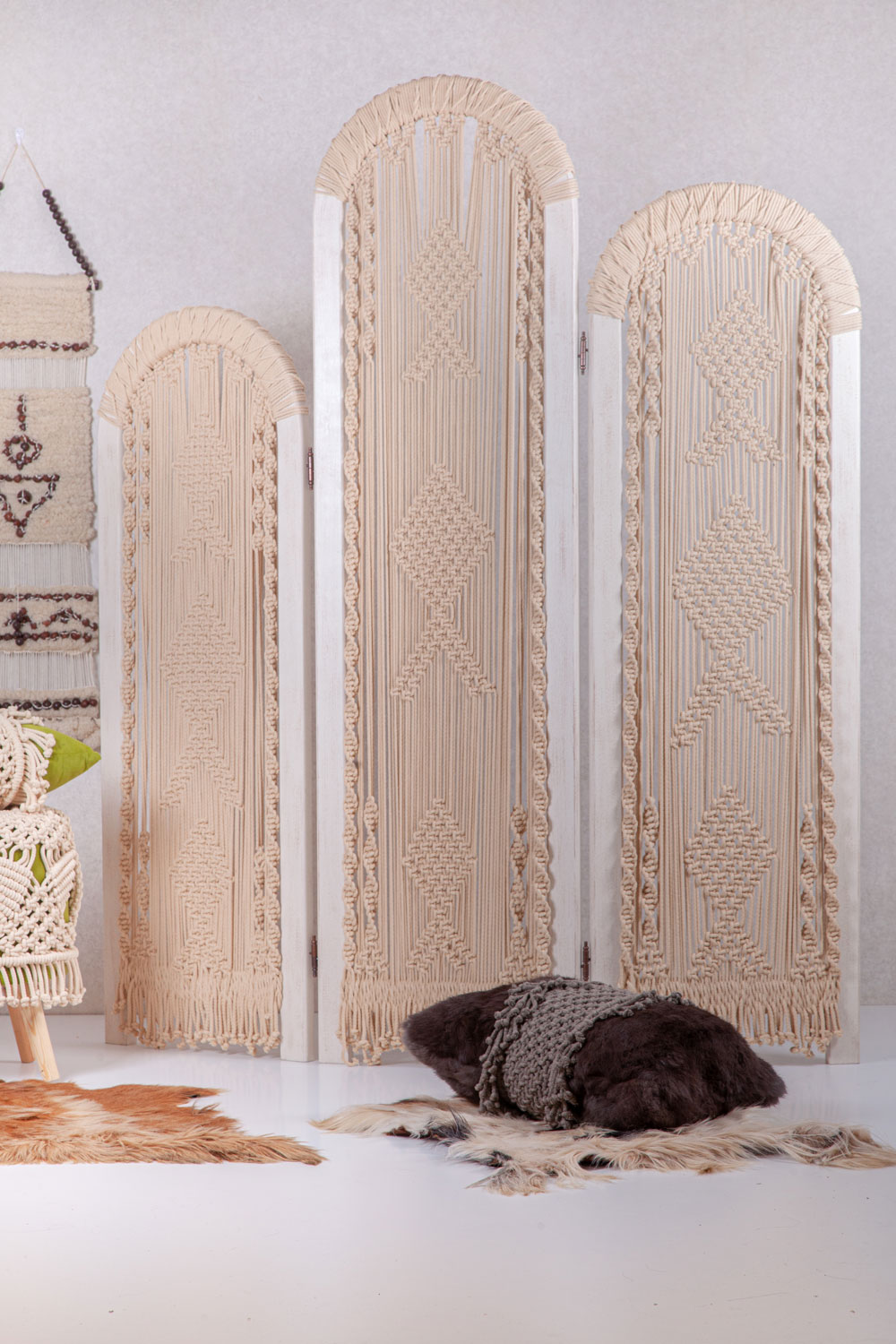 Ecru Macrame Wooden Screen Room Divider