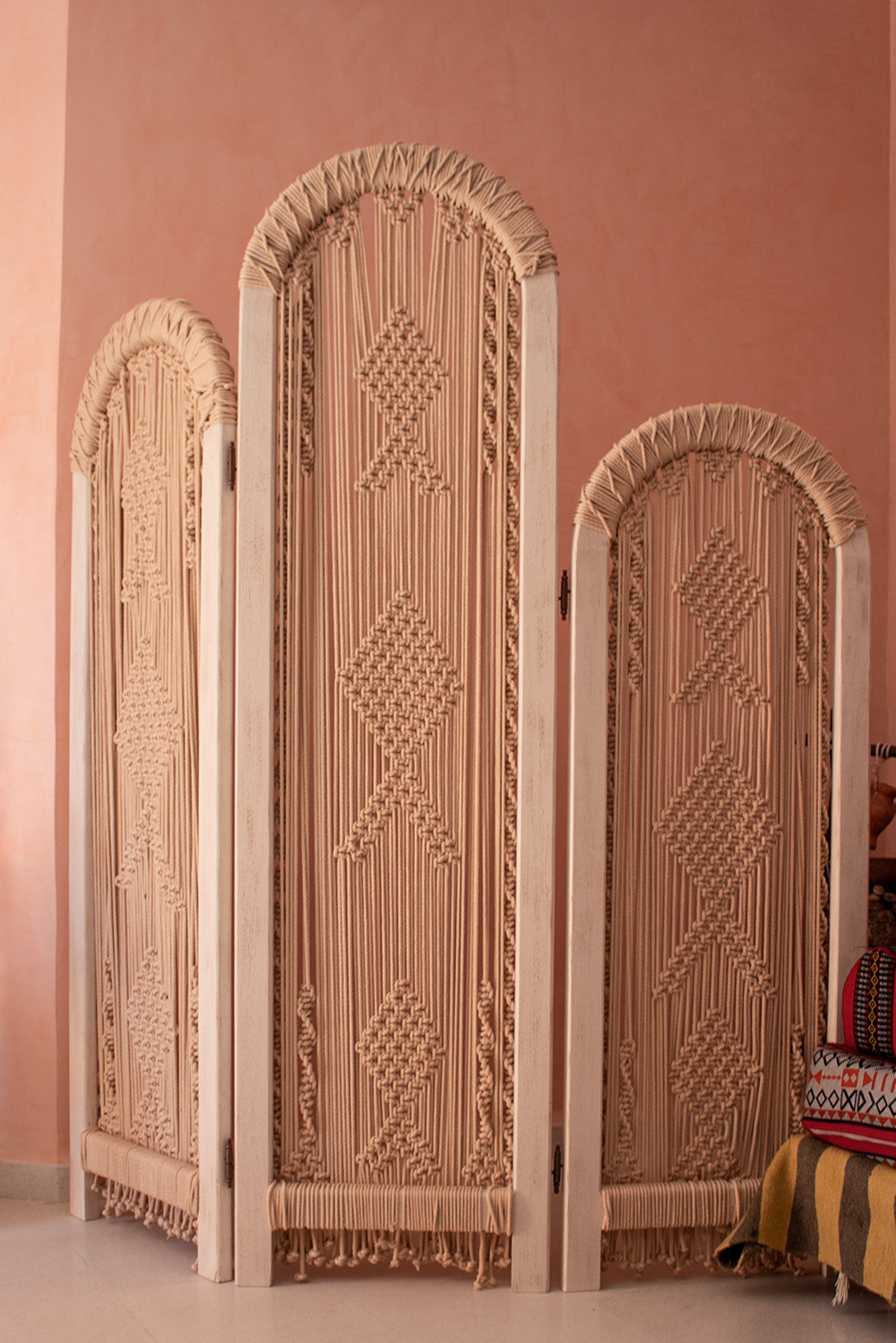 Ecru Macrame Wooden Screen Room Divider