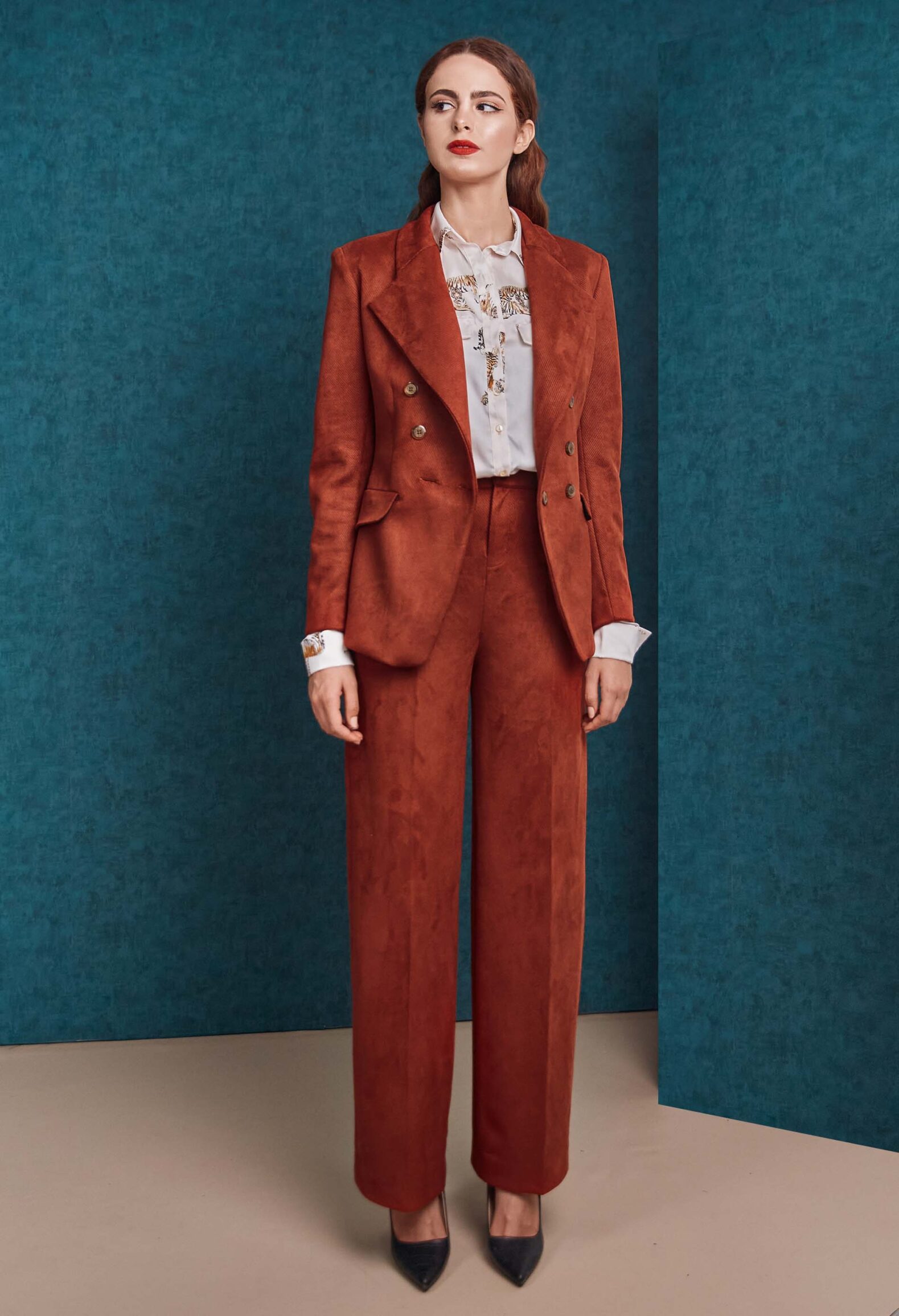 Double breasted red velvet blazer and red velvet pant look