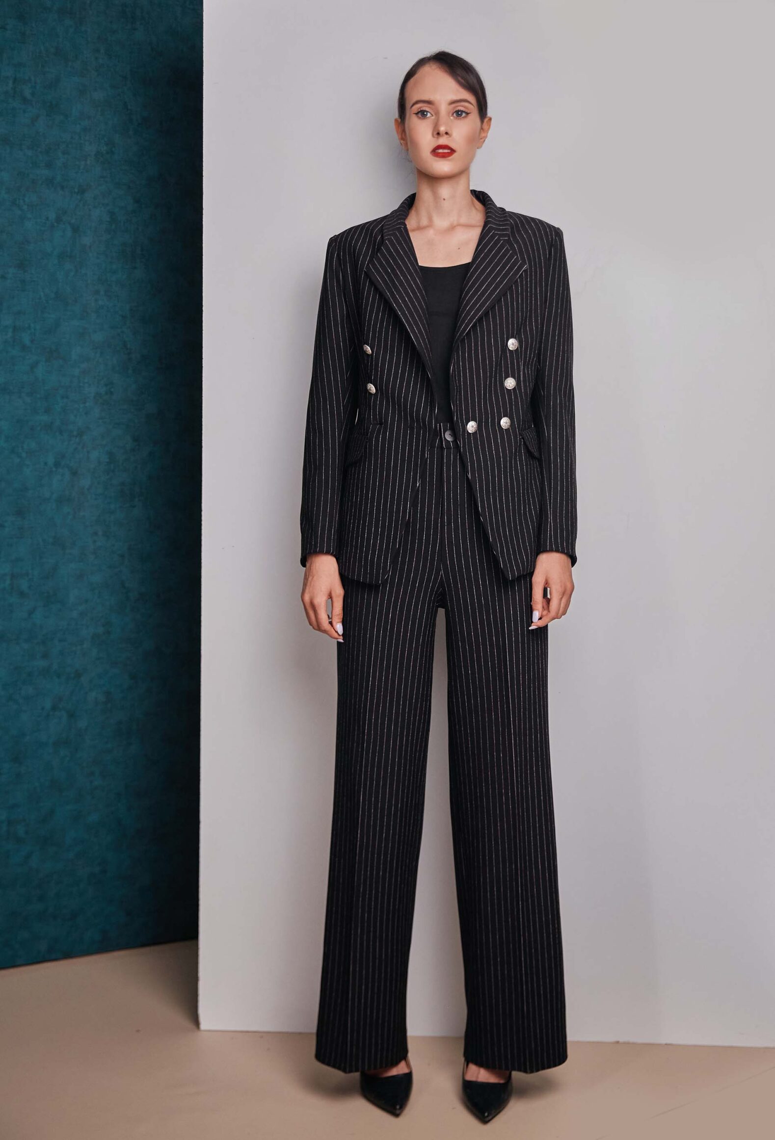 Pinstriped double breasted black blazer and black pant look