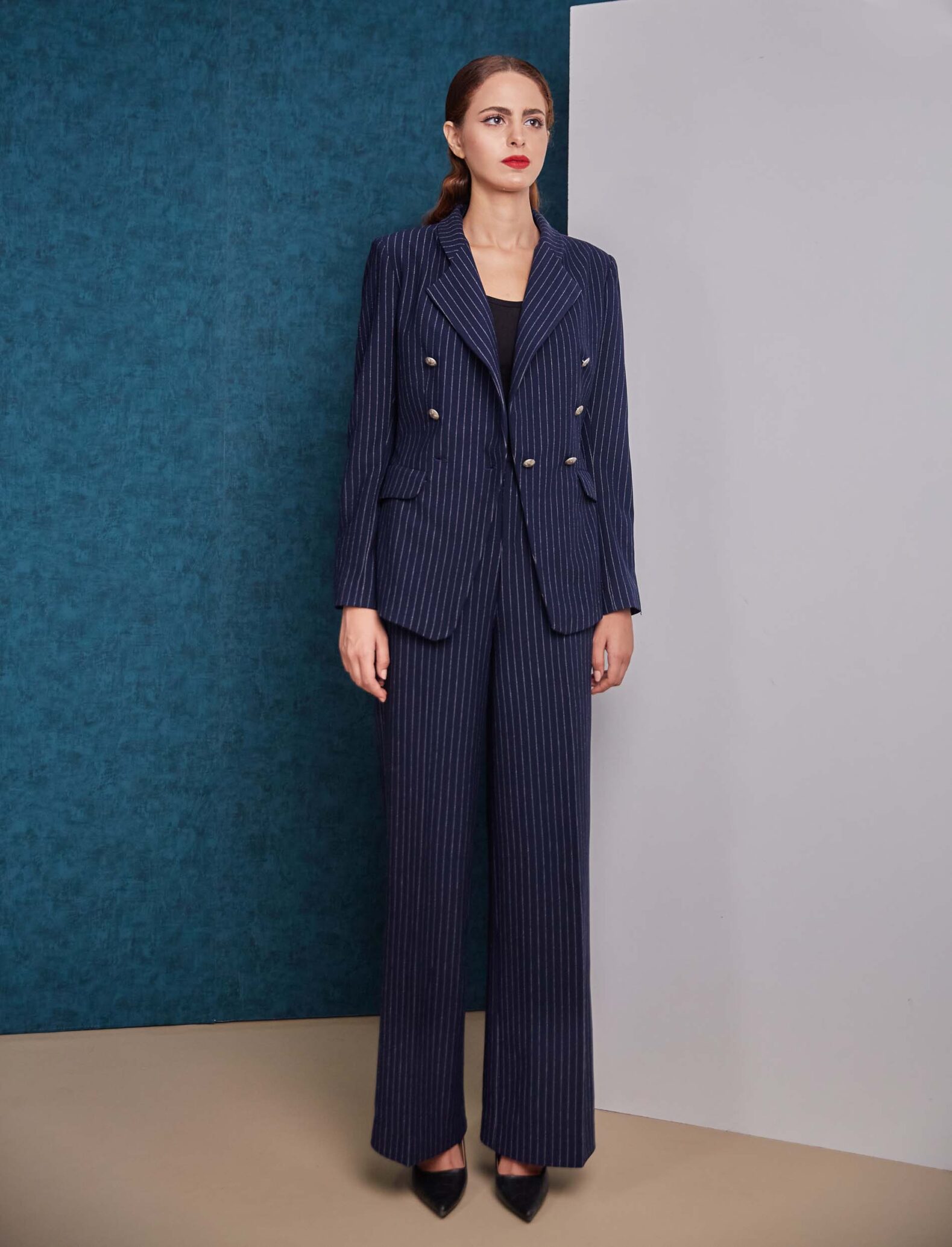 Pinstriped double breasted blue blazer and blue pant look