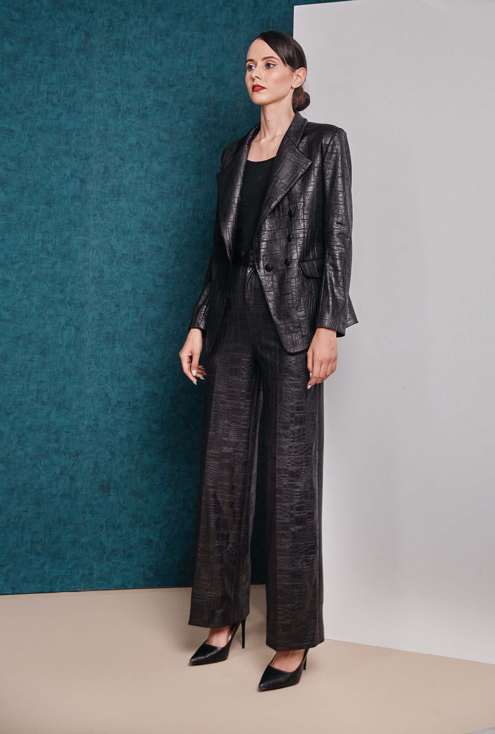 Textured double breasted blazer and Textured black pant look