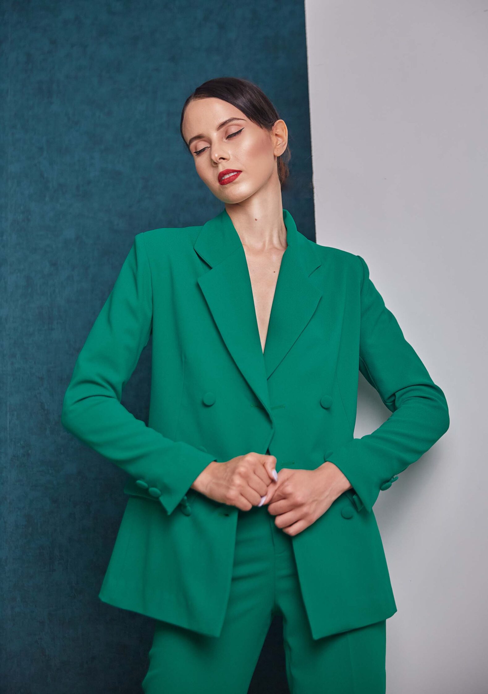 Tailored double breasted green blazer