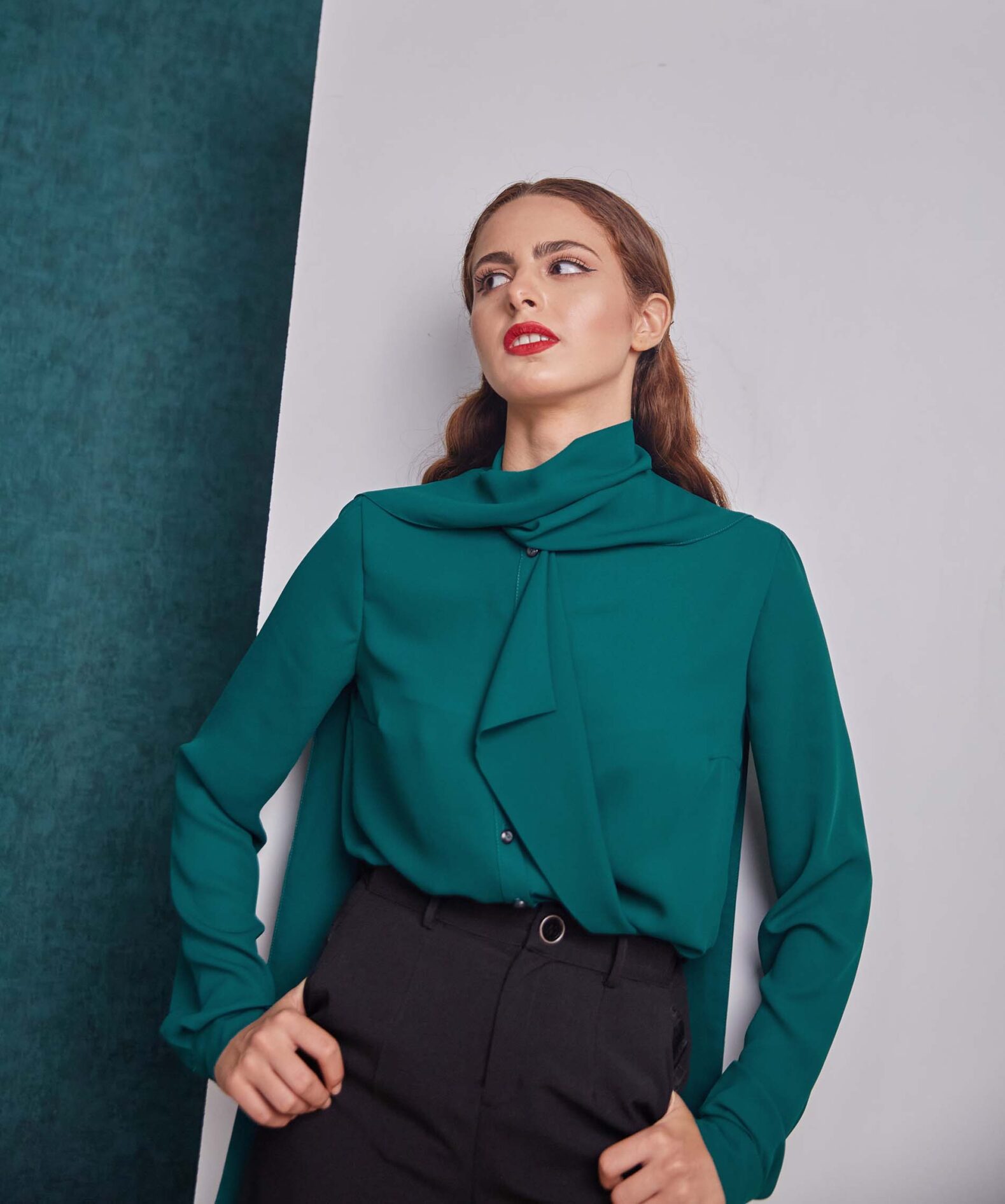 Ruffle tie neck teal shirt