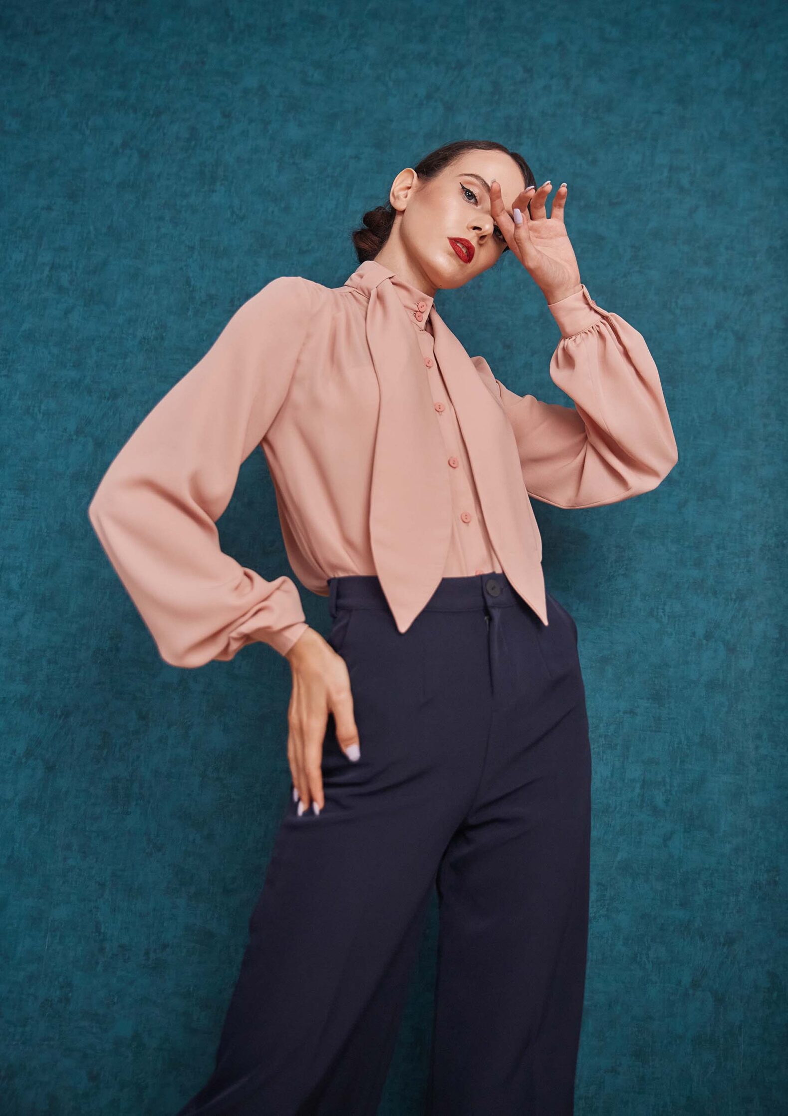 Tie neck candy light pink shirt and high waisted wide leg blue pant look