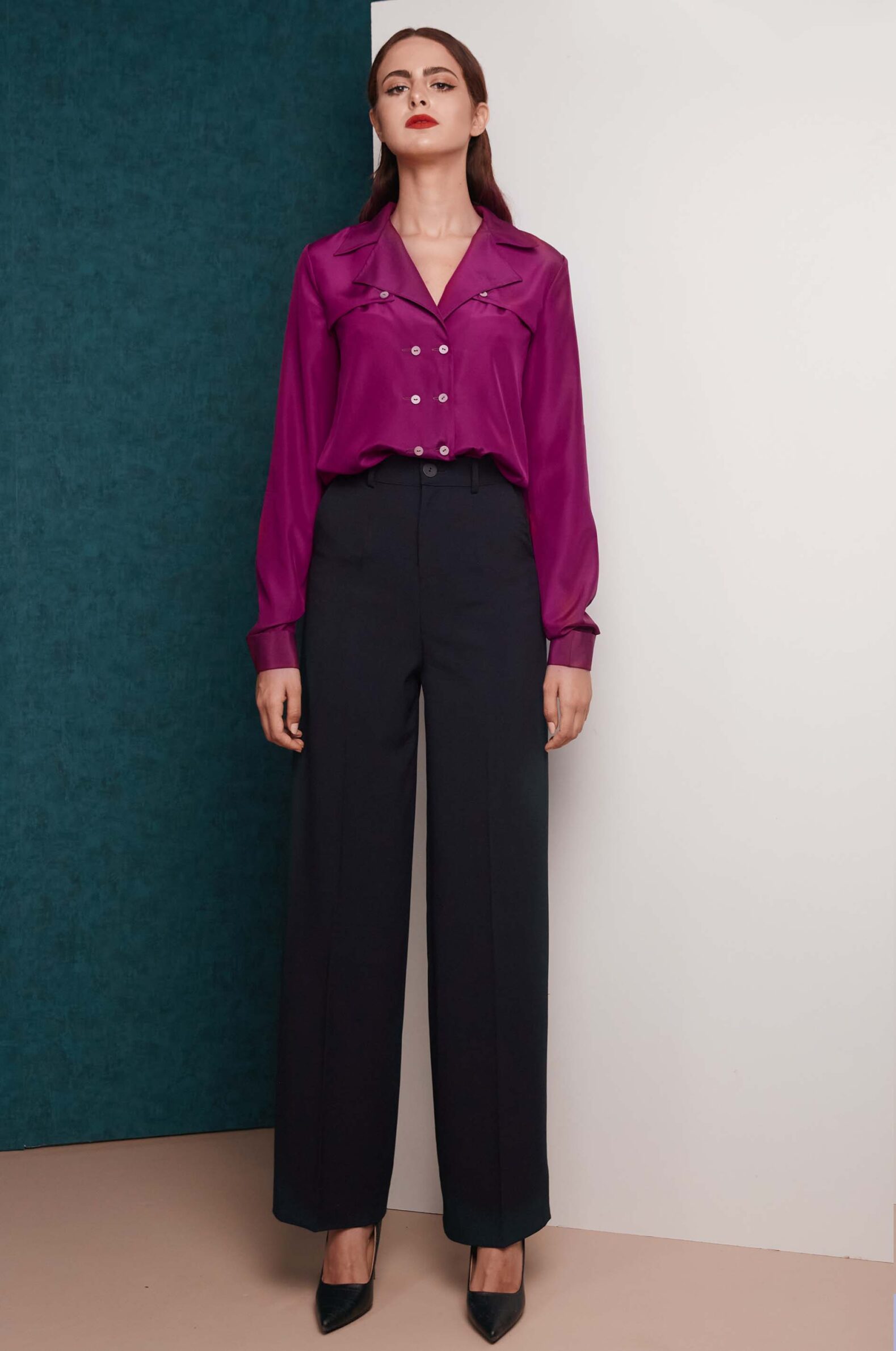 Gun flap magenta shirt and black palazzo pants look