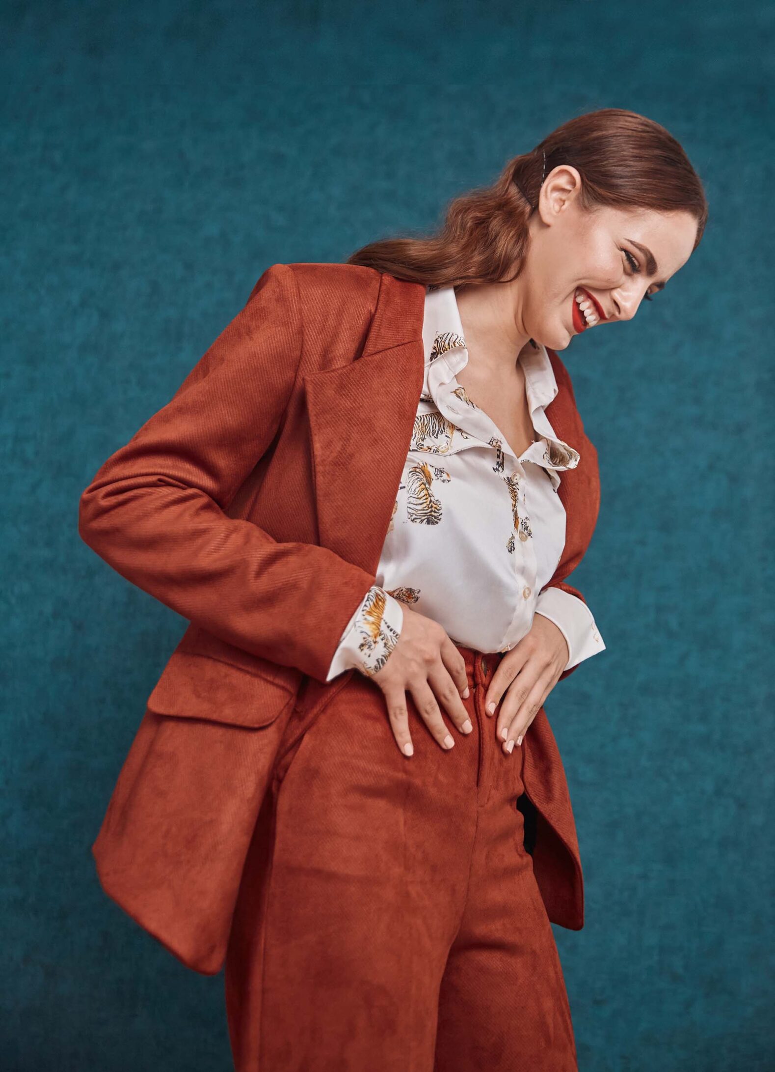 Double breasted red velvet blazer