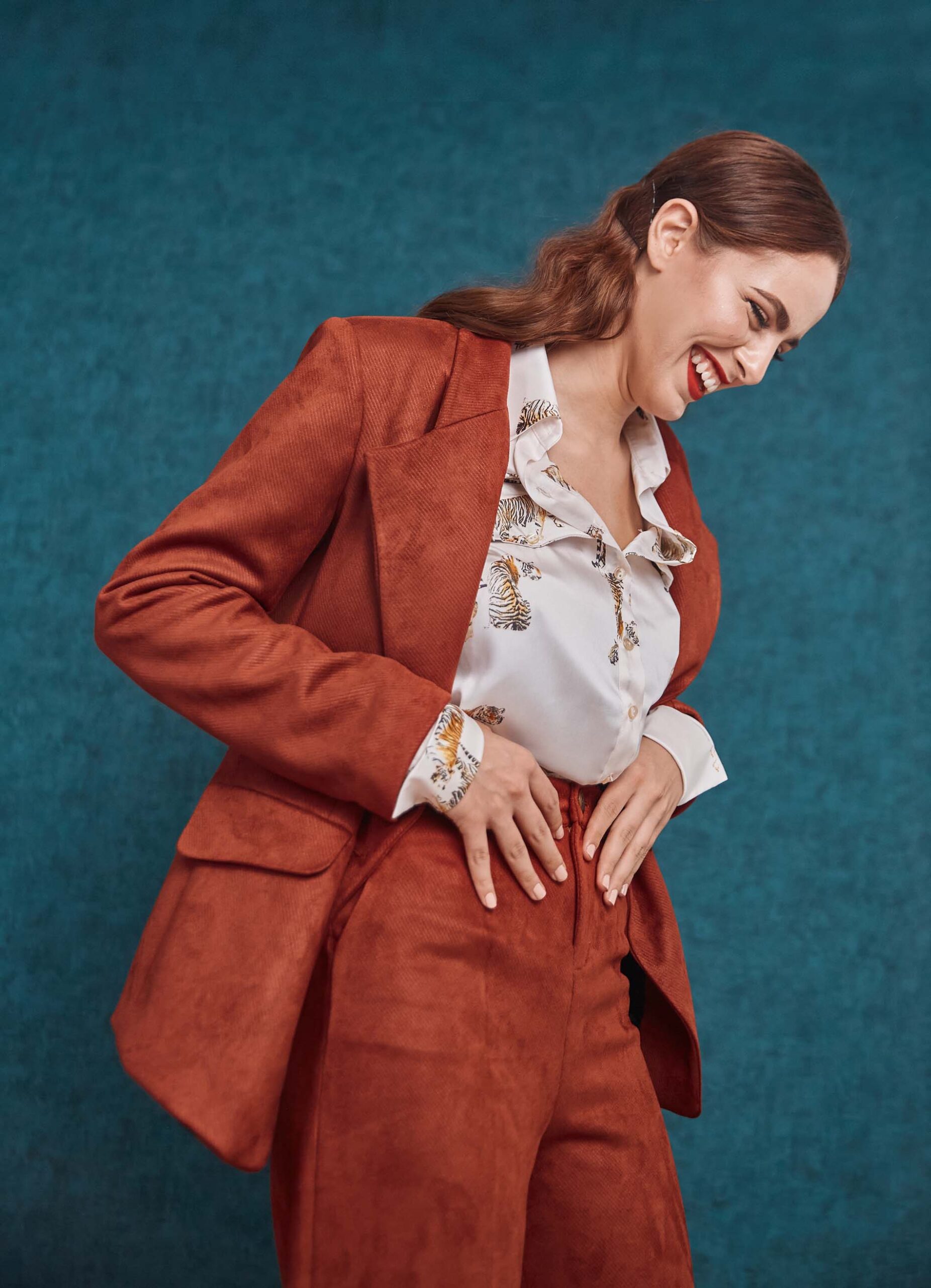 Double breasted red velvet blazer and red velvet pant look