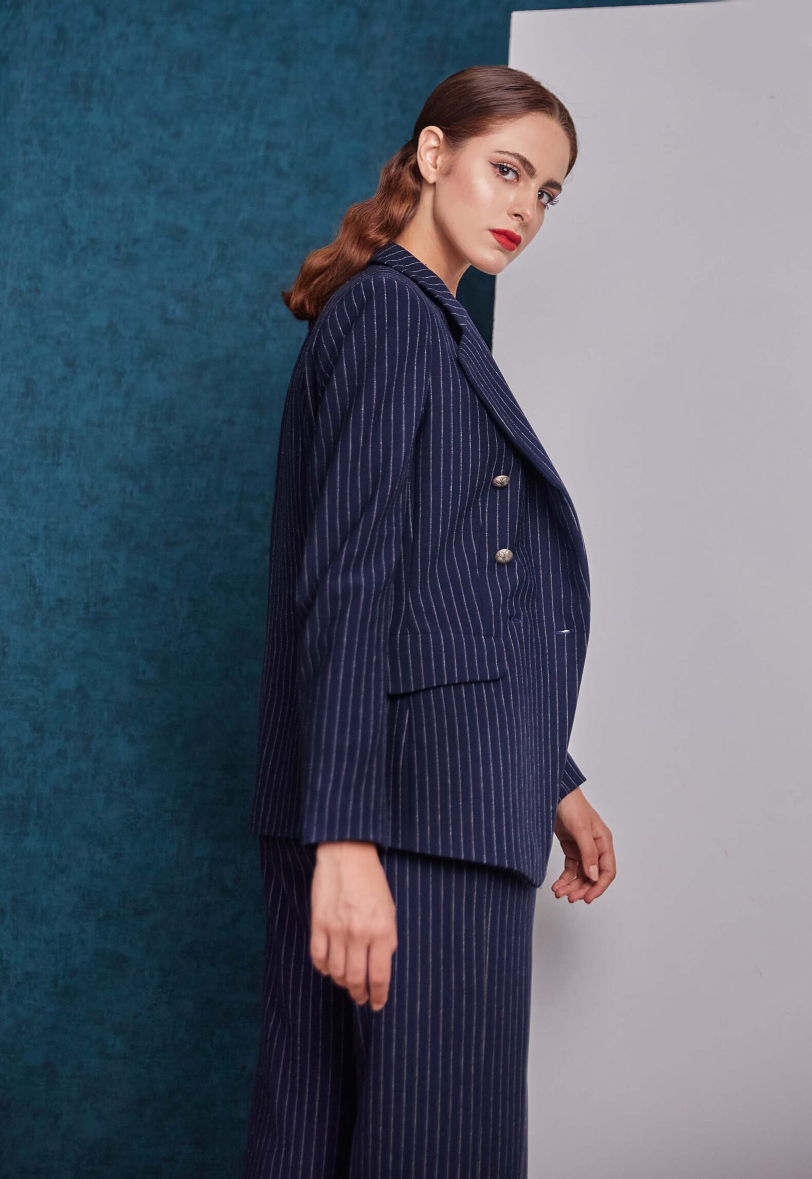 Pinstriped double breasted blue blazer and blue pant look