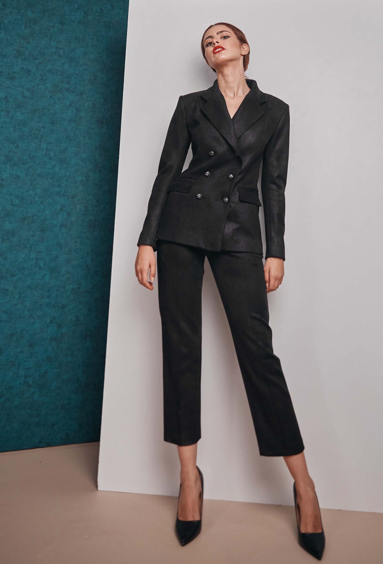 Coated double breasted blazer and black pant look