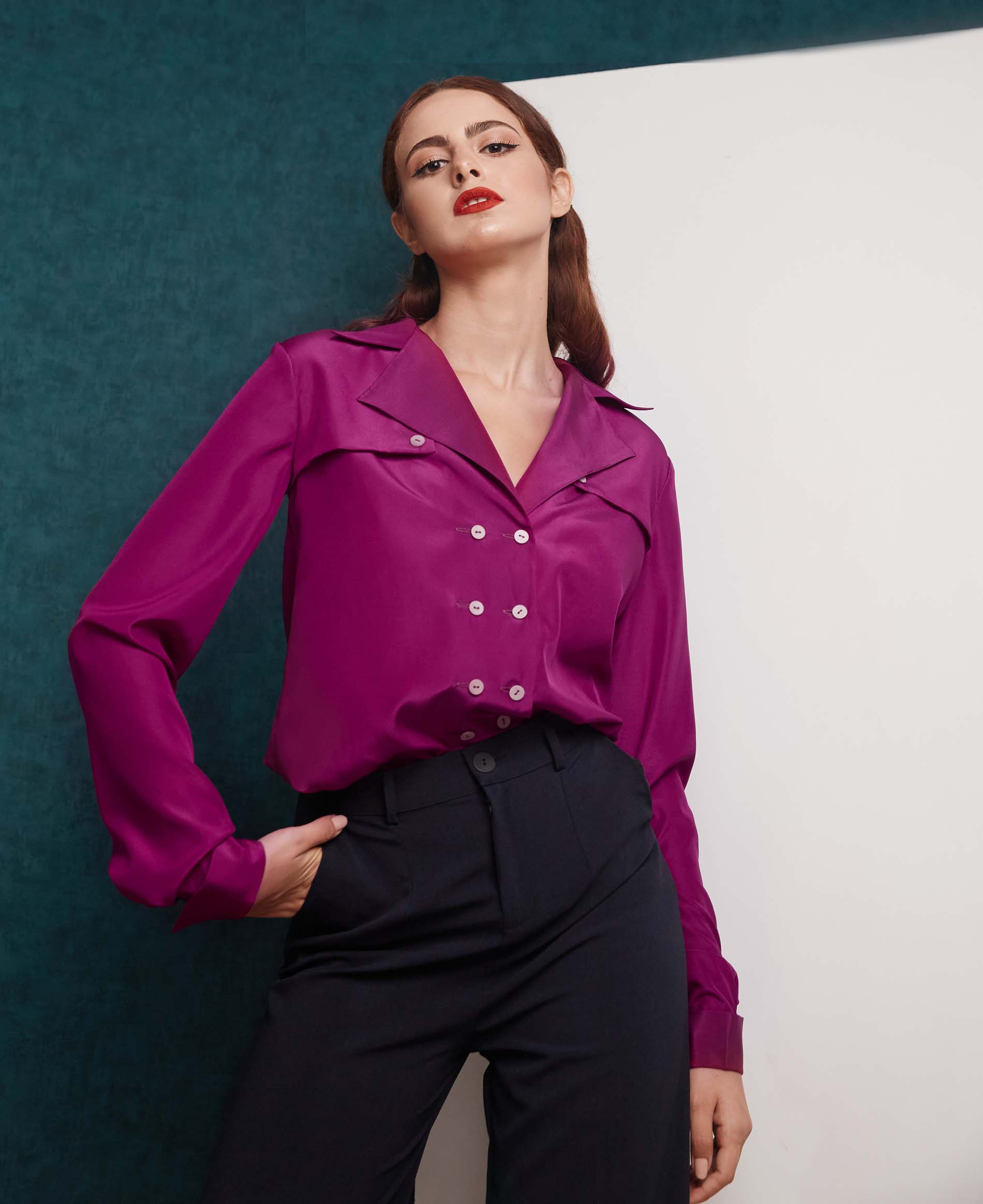 Gun flap magenta shirt and black palazzo pants look