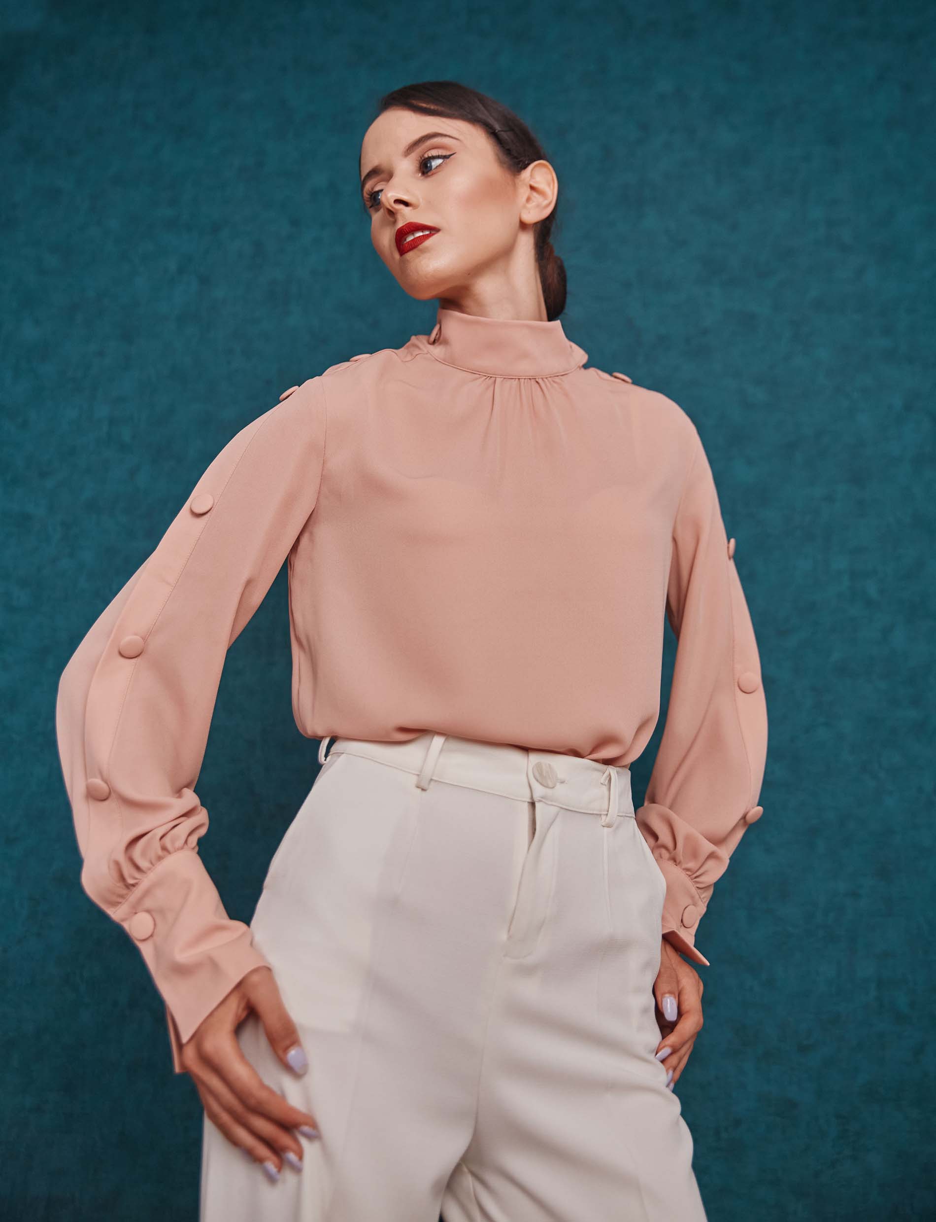 Mandarin collar light pink shirt