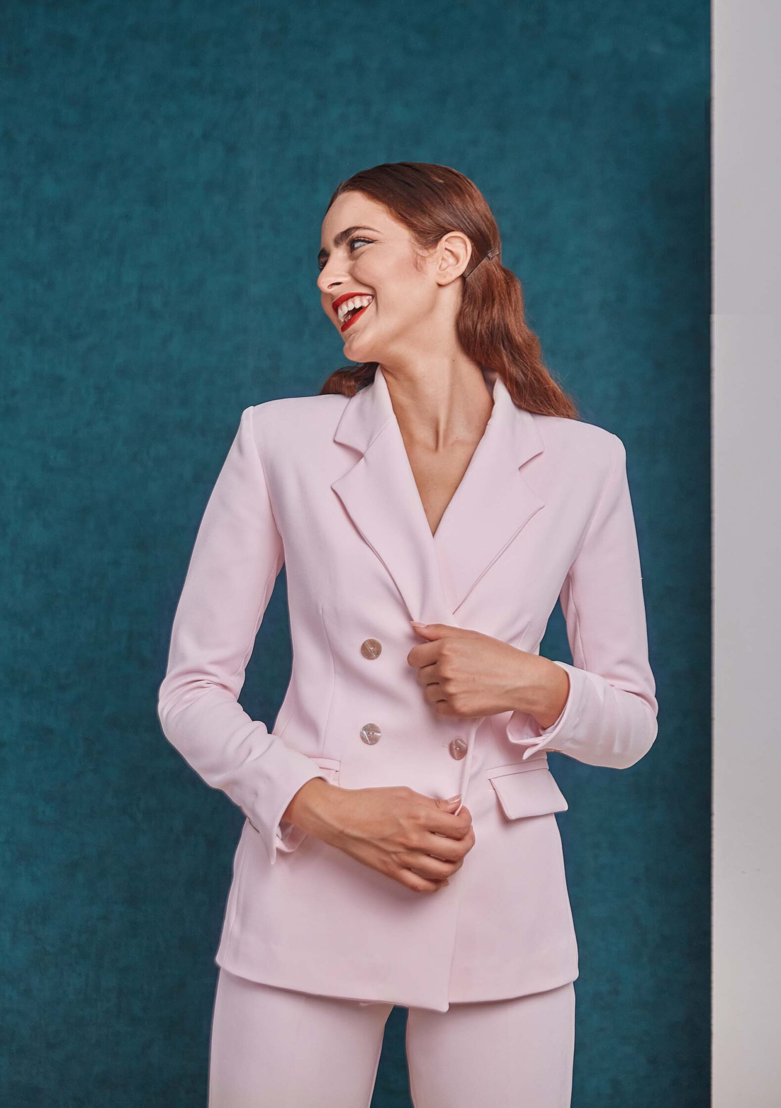 Tailored double breasted pink blazer