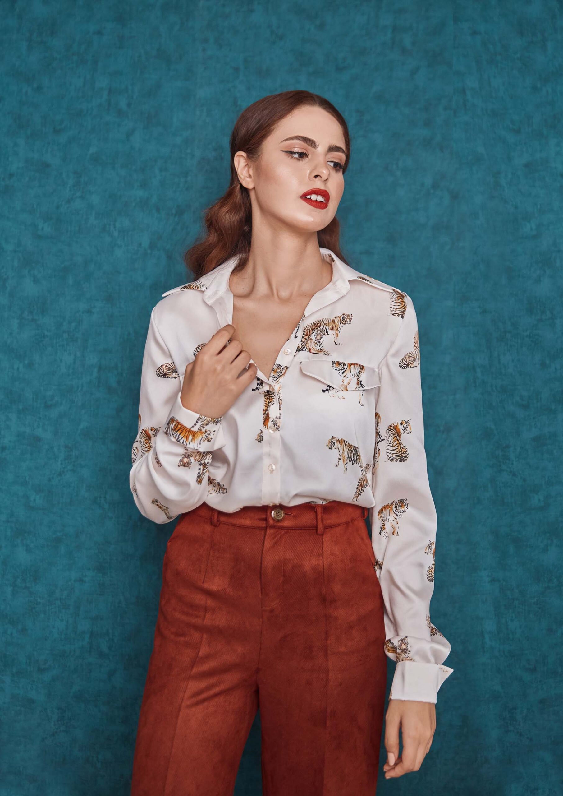 Printed white satin shirt