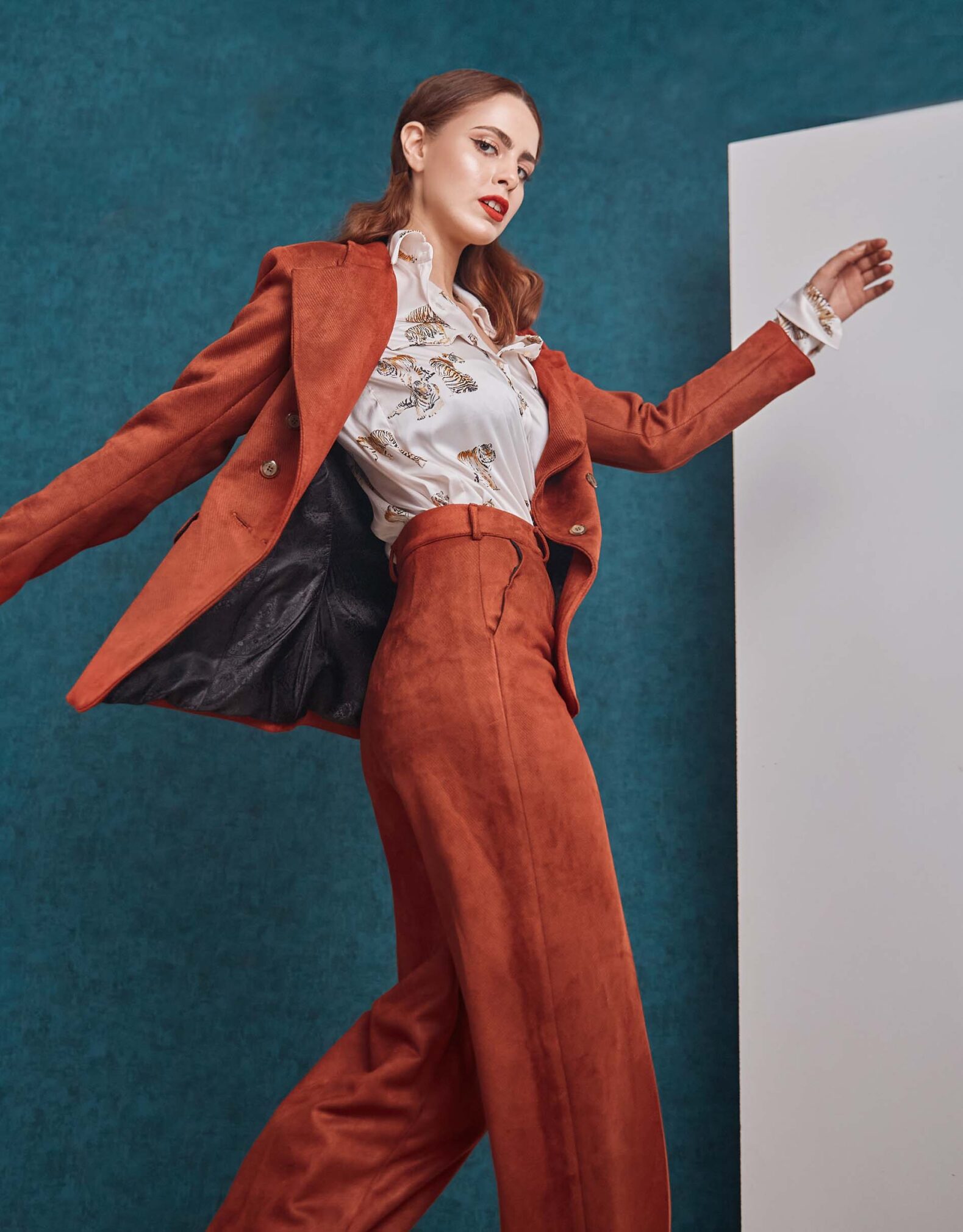 Double breasted red velvet blazer and red velvet pant look