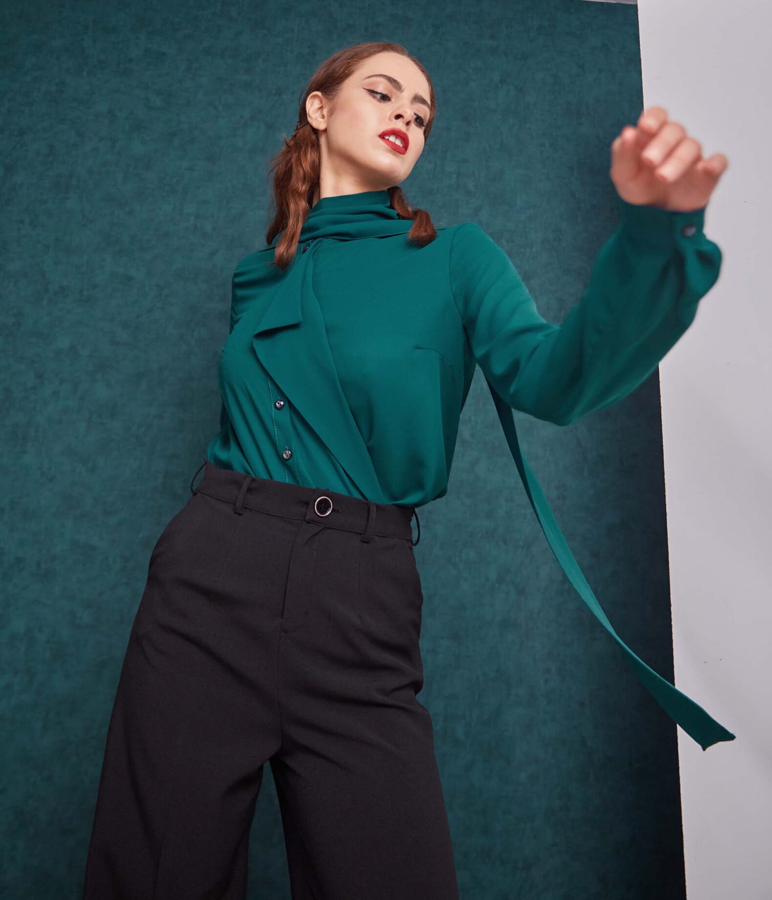 Ruffle tie neck teal shirt