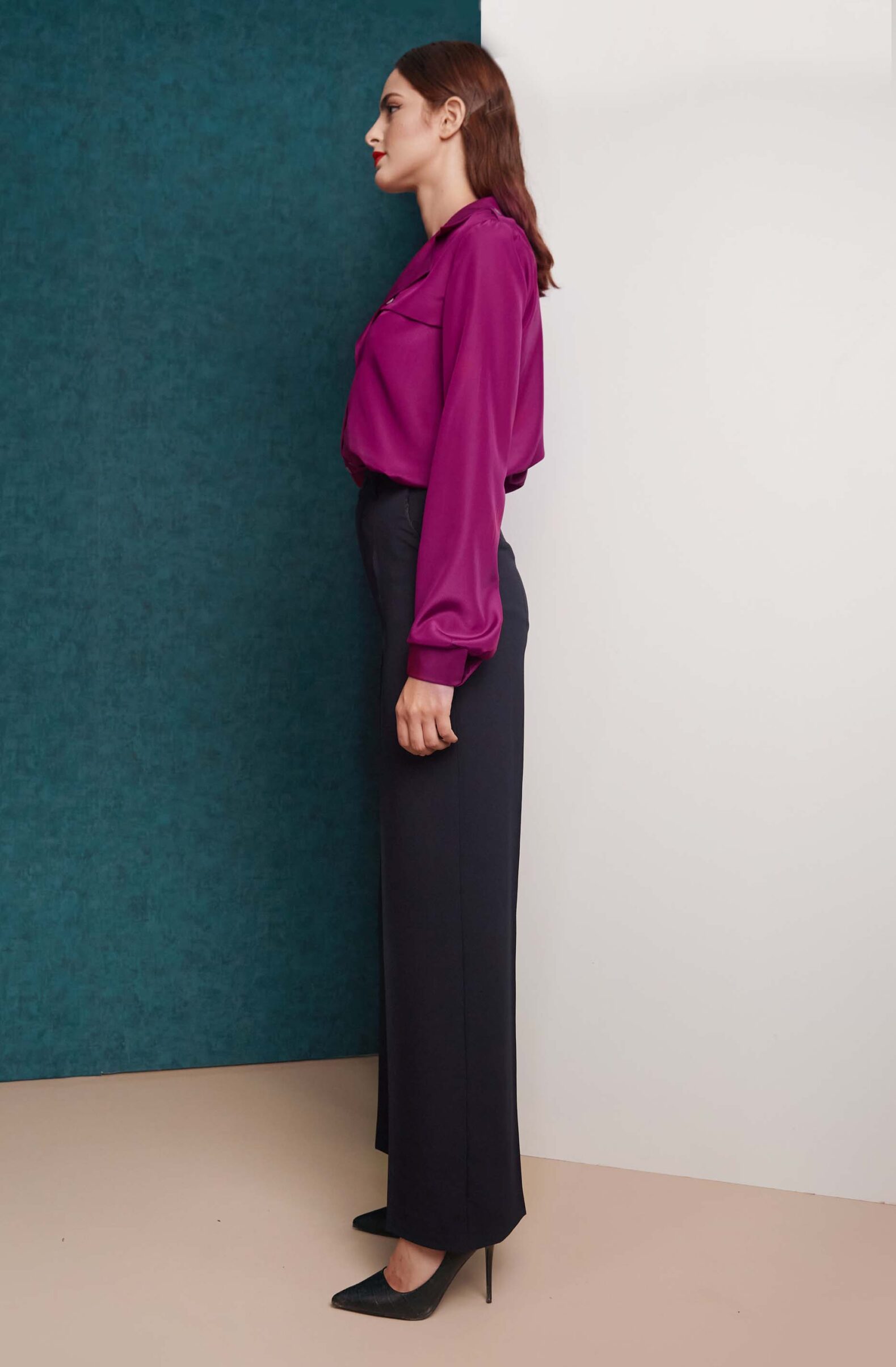 Gun flap magenta shirt and black palazzo pants look