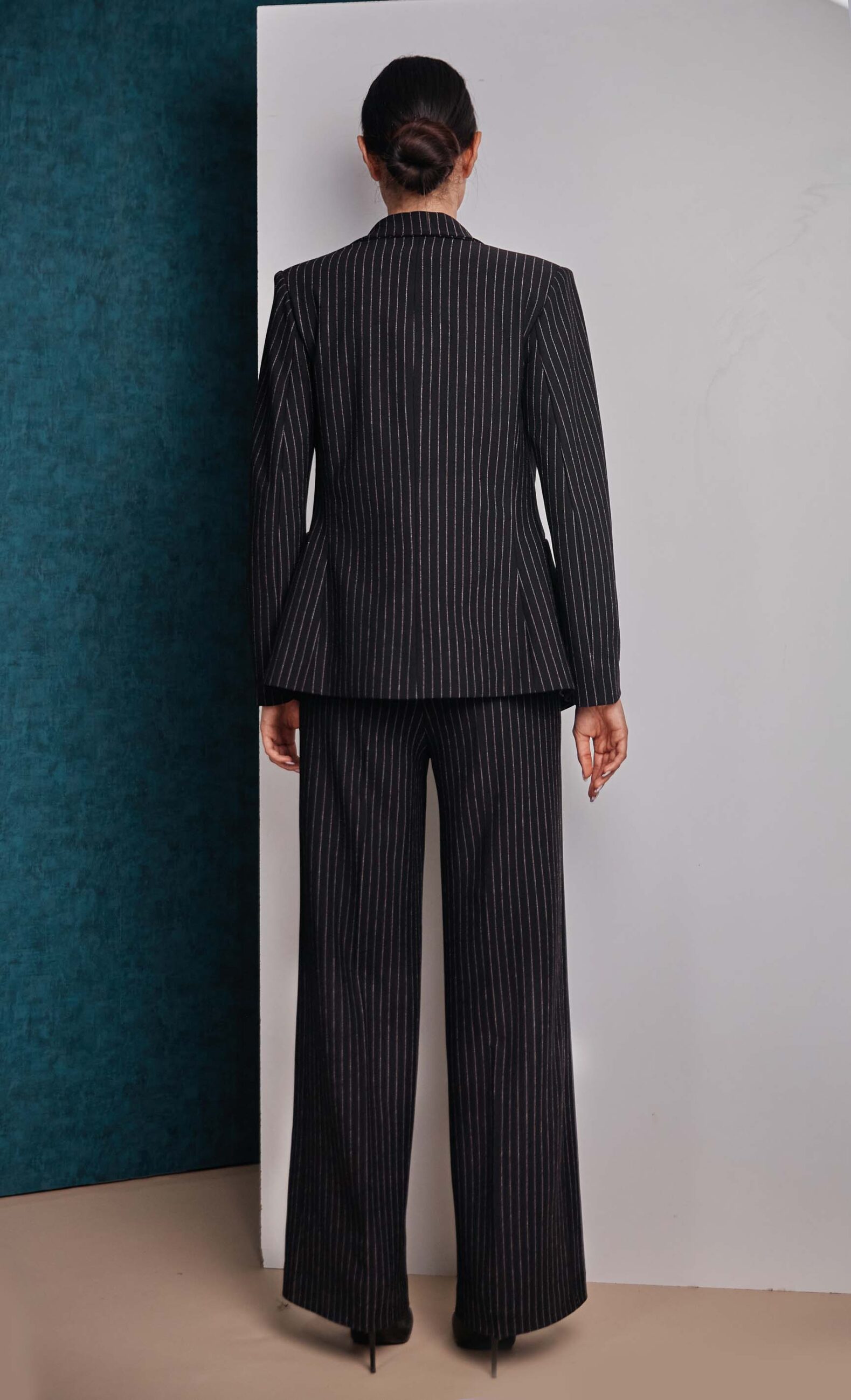 Pinstriped double breasted black blazer and black pant look