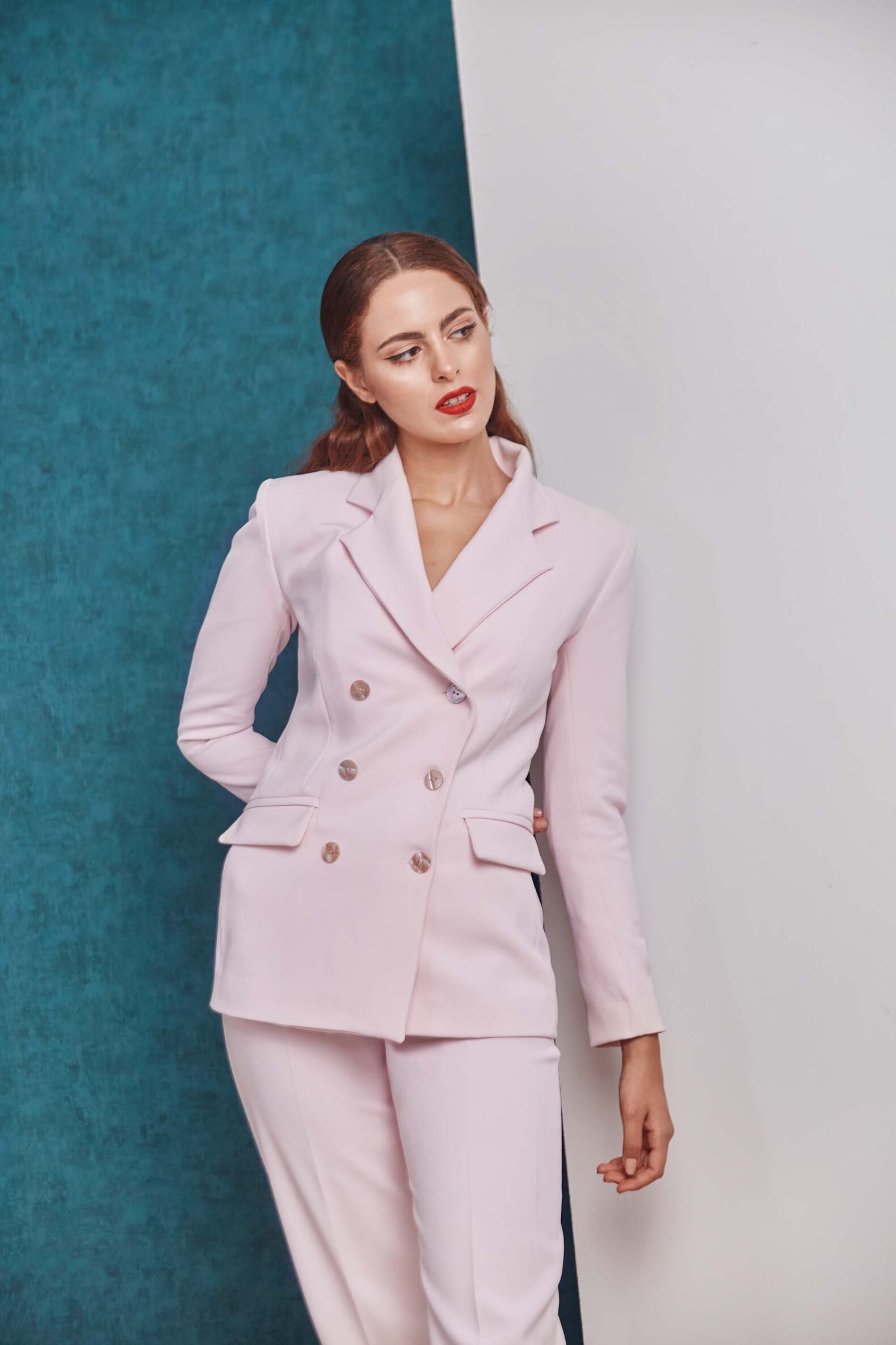 Tailored double breasted pink blazer and pink pant look