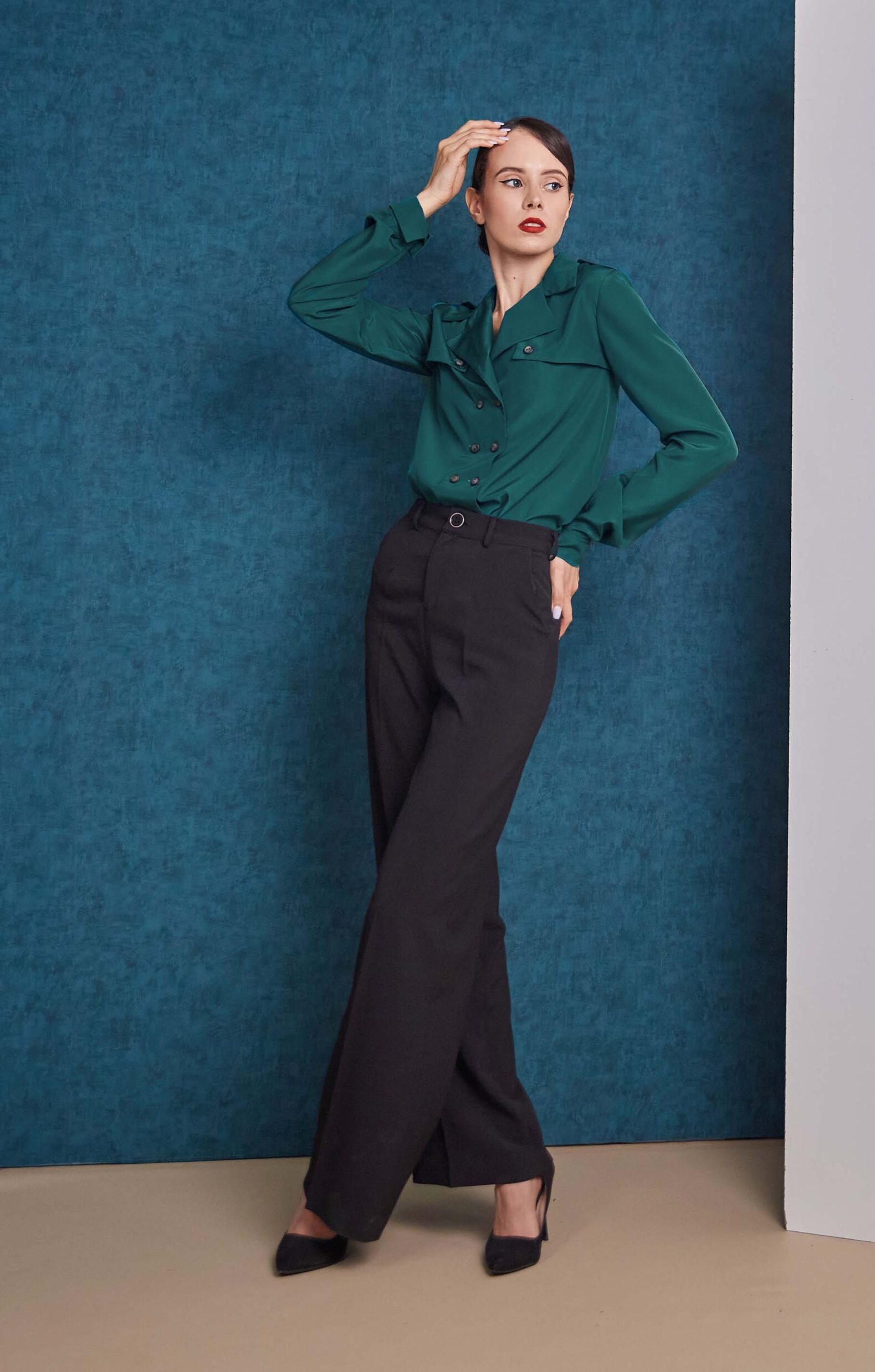 Gun flap teal shirt and Blue night high rise pants look