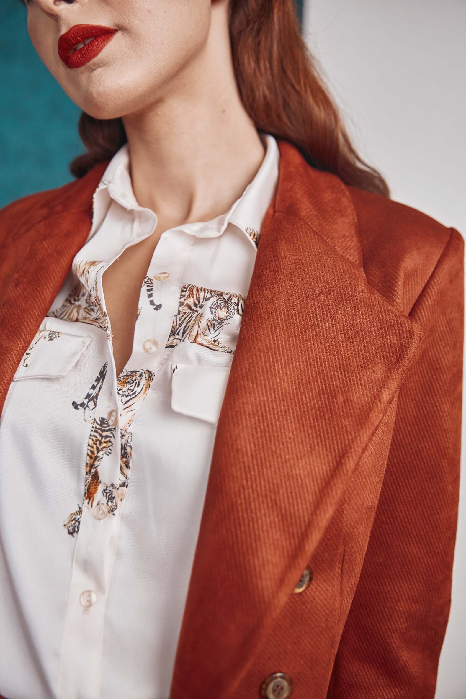 Double breasted red velvet blazer