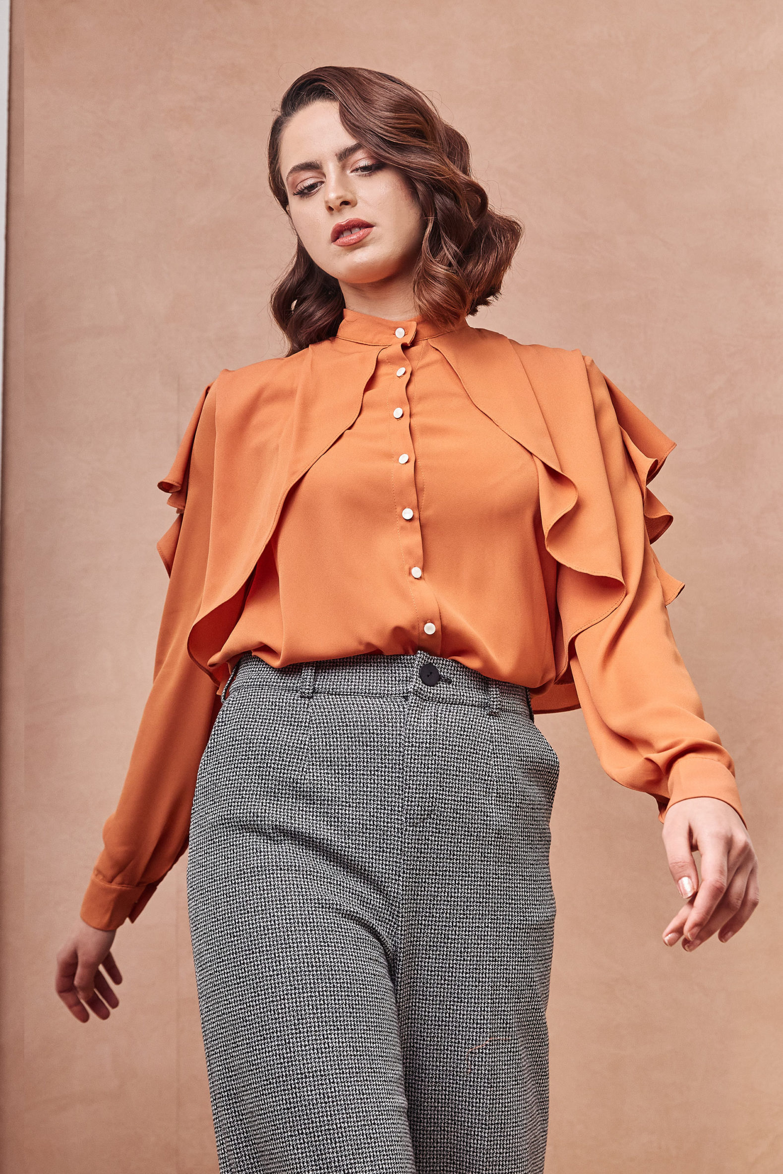 Draped Ruffle Orange Shirt