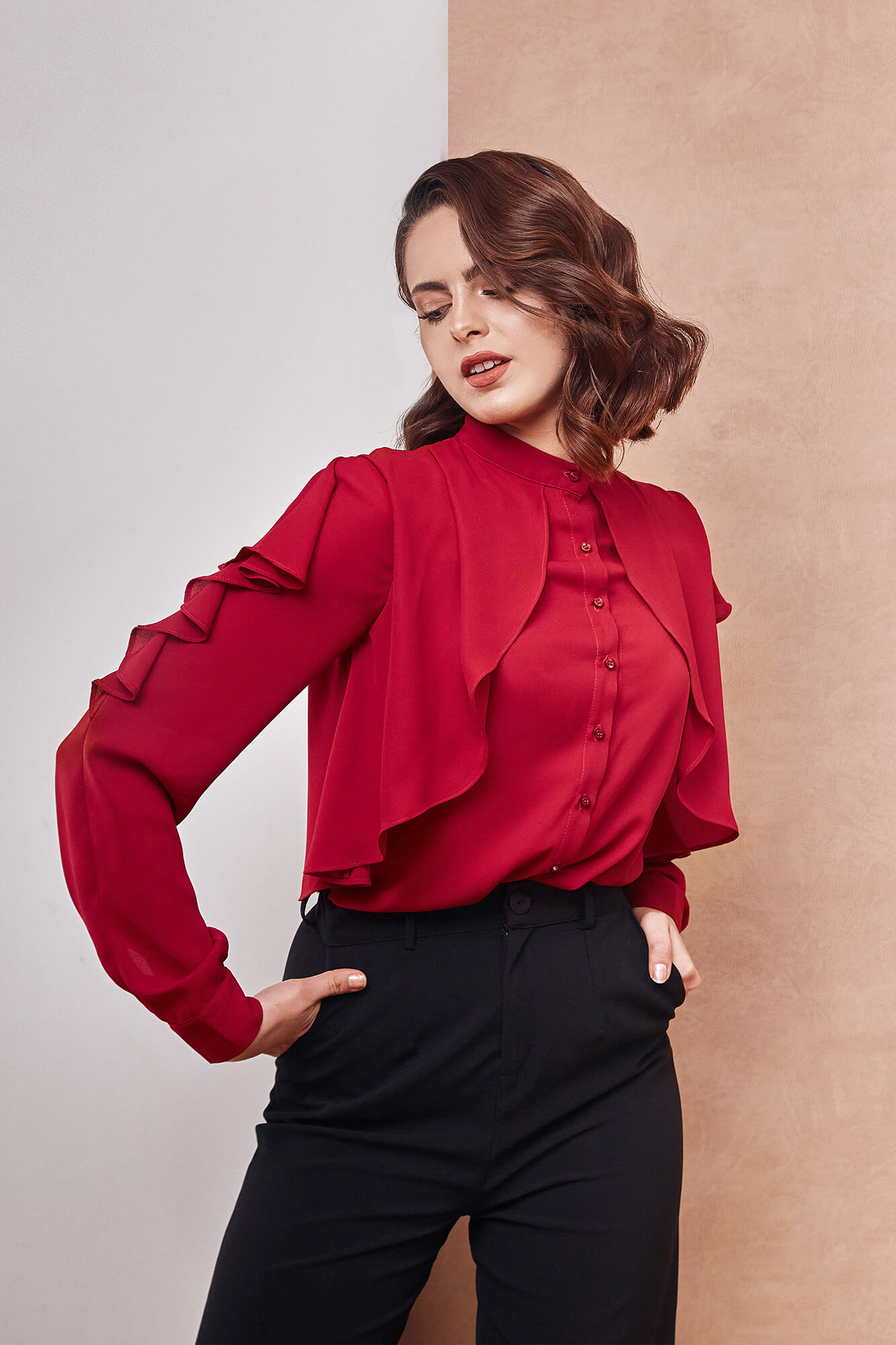 Drapped Ruffle Red Shirt