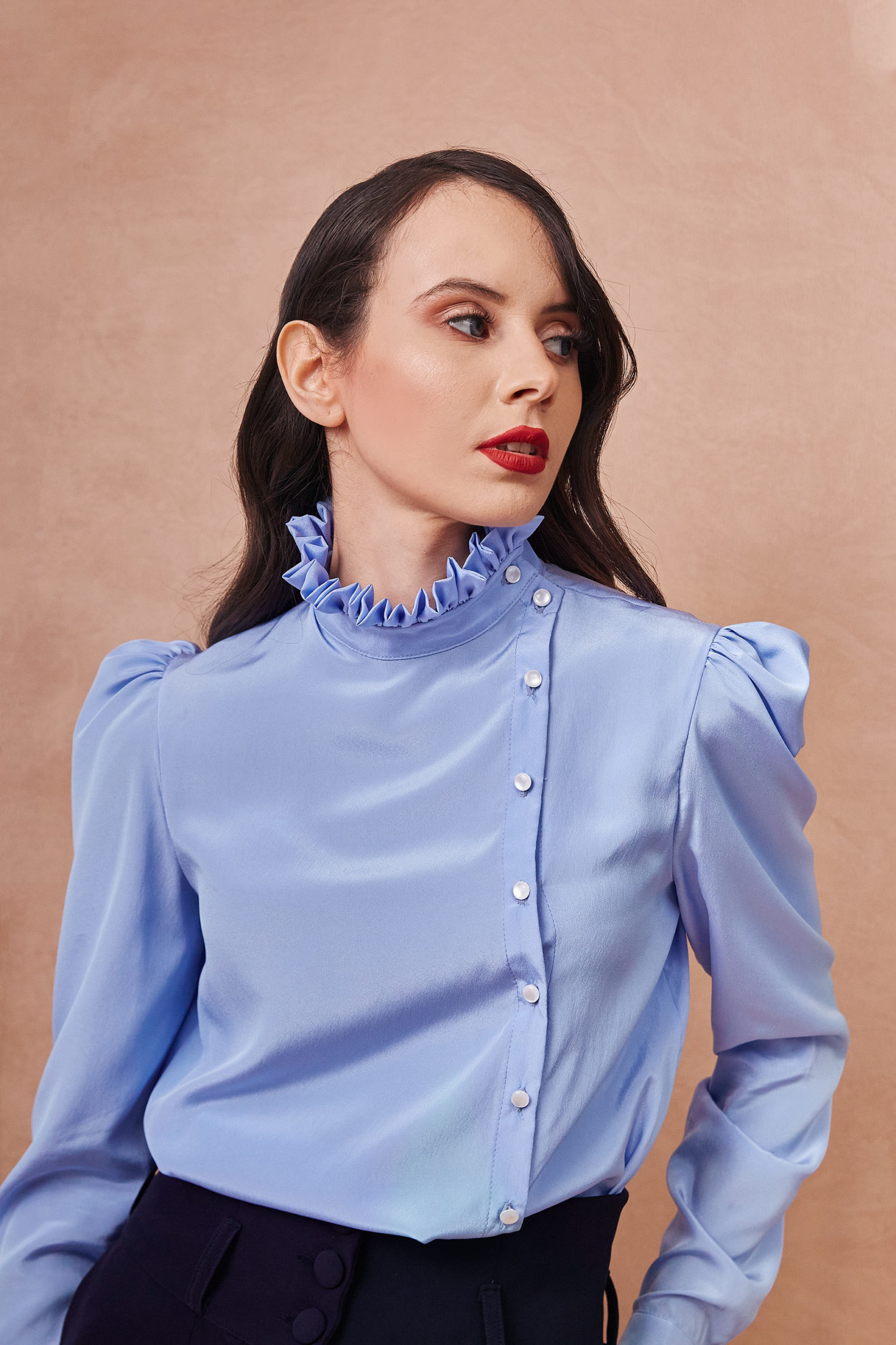 High Collar Side Button Blue Satin Shirt