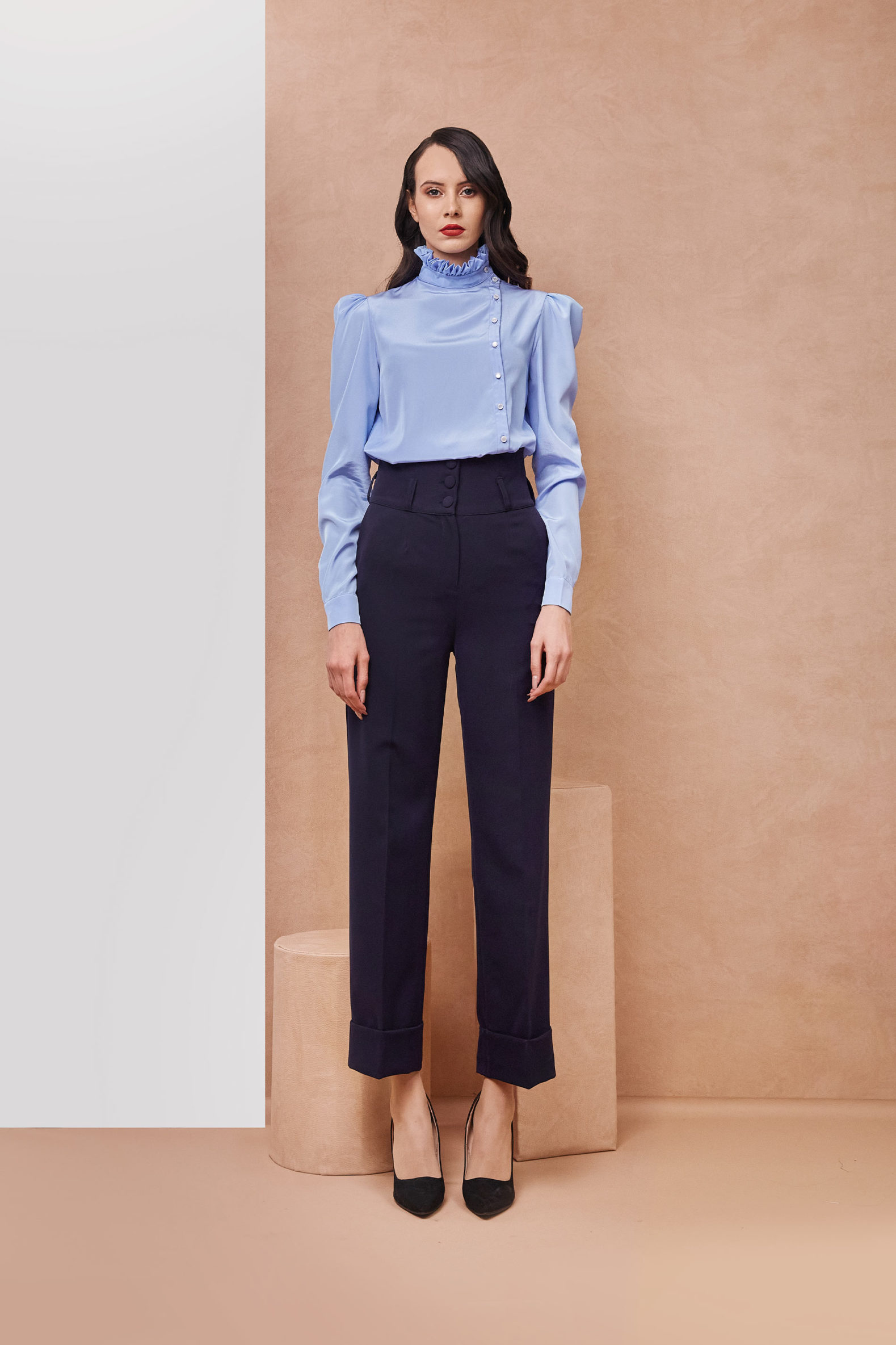 High Collar Side Button Blue Satin Shirt with High Waisted Blue pants