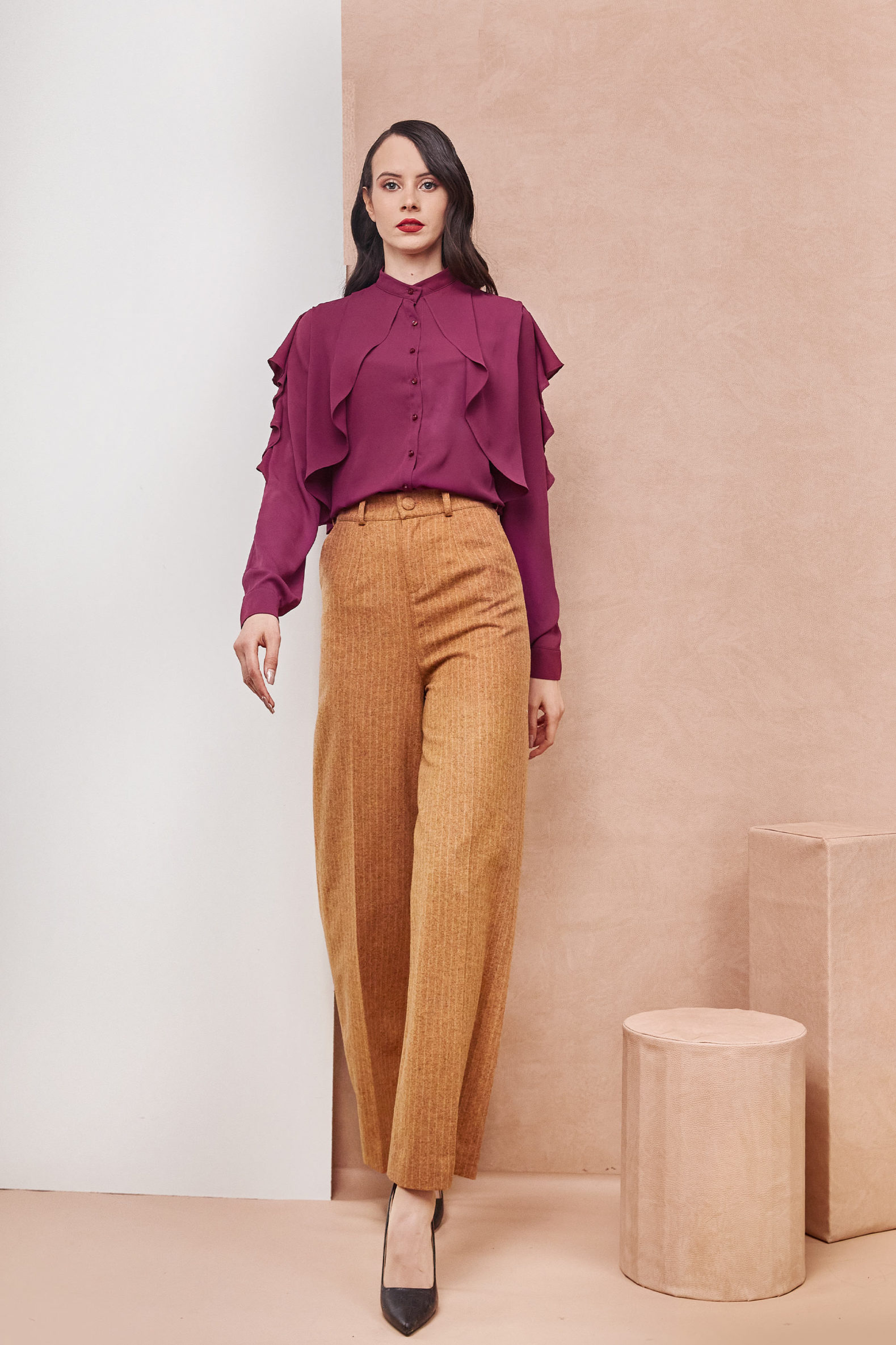 Drapped Ruffle Violet Shirt with High Rise Wool Caramel Pants