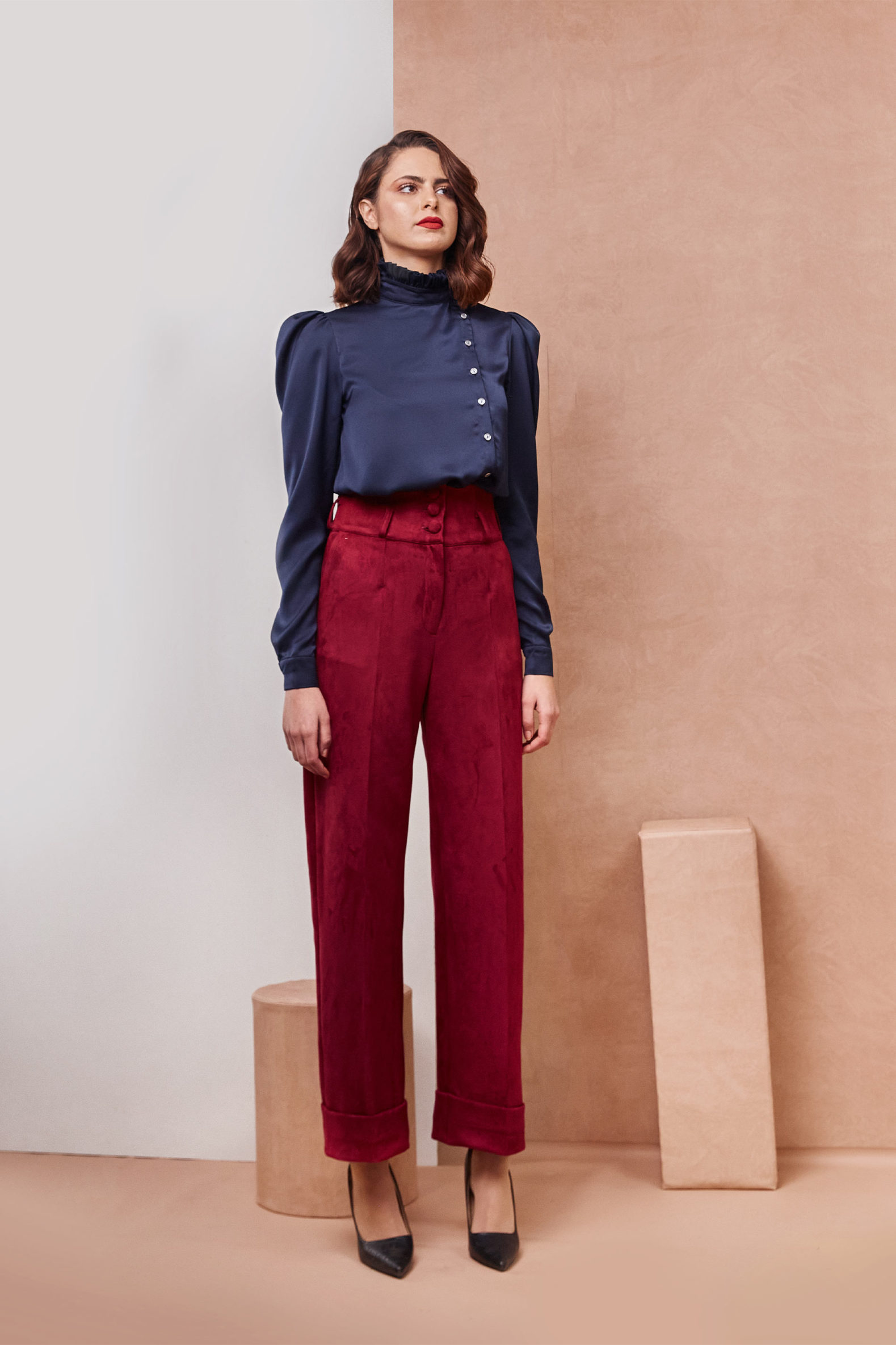 High Collar Side Button Blue Shirt with High Waisted Magenta Pants