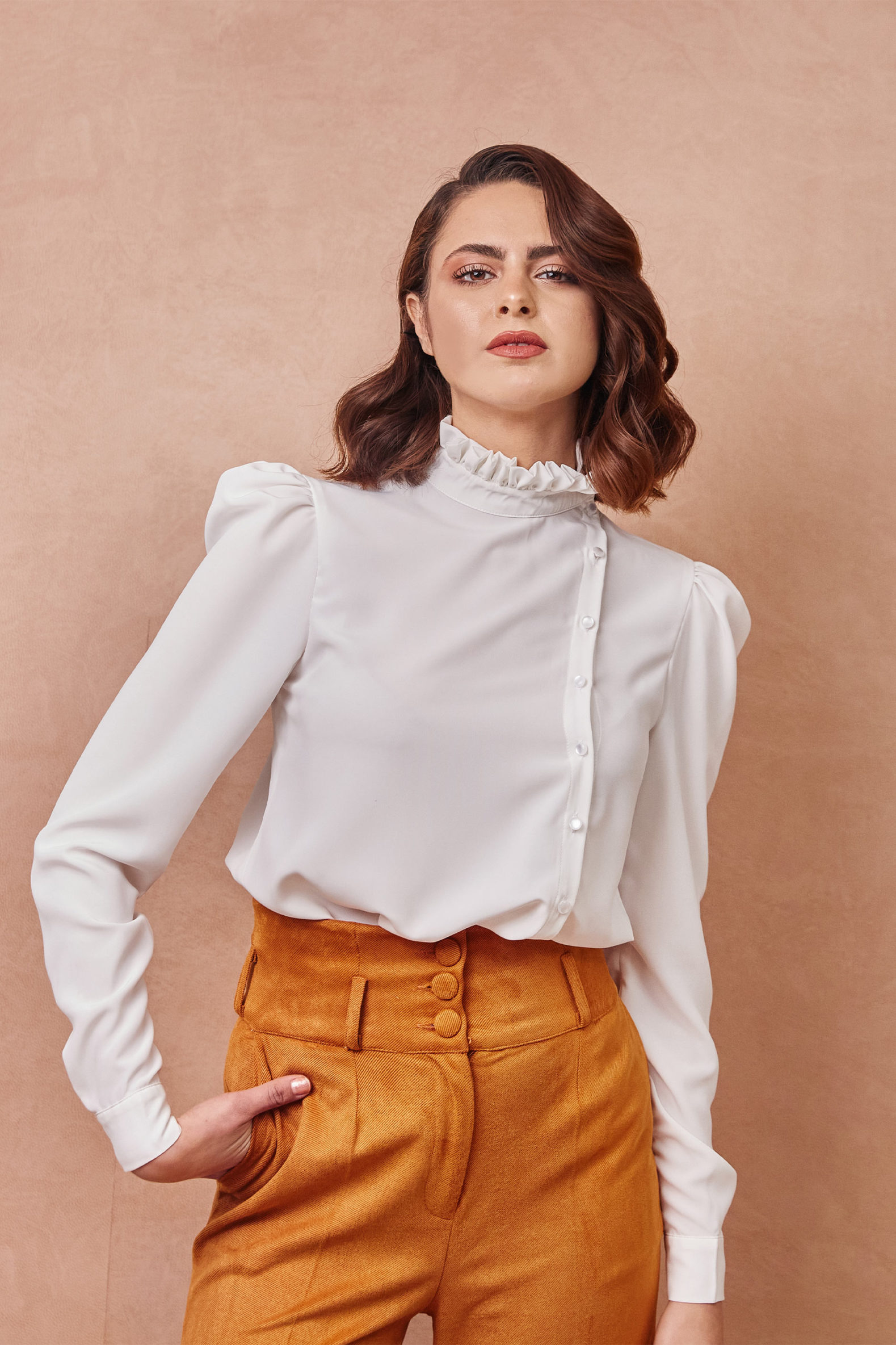 High Collar Side Button White Shirt