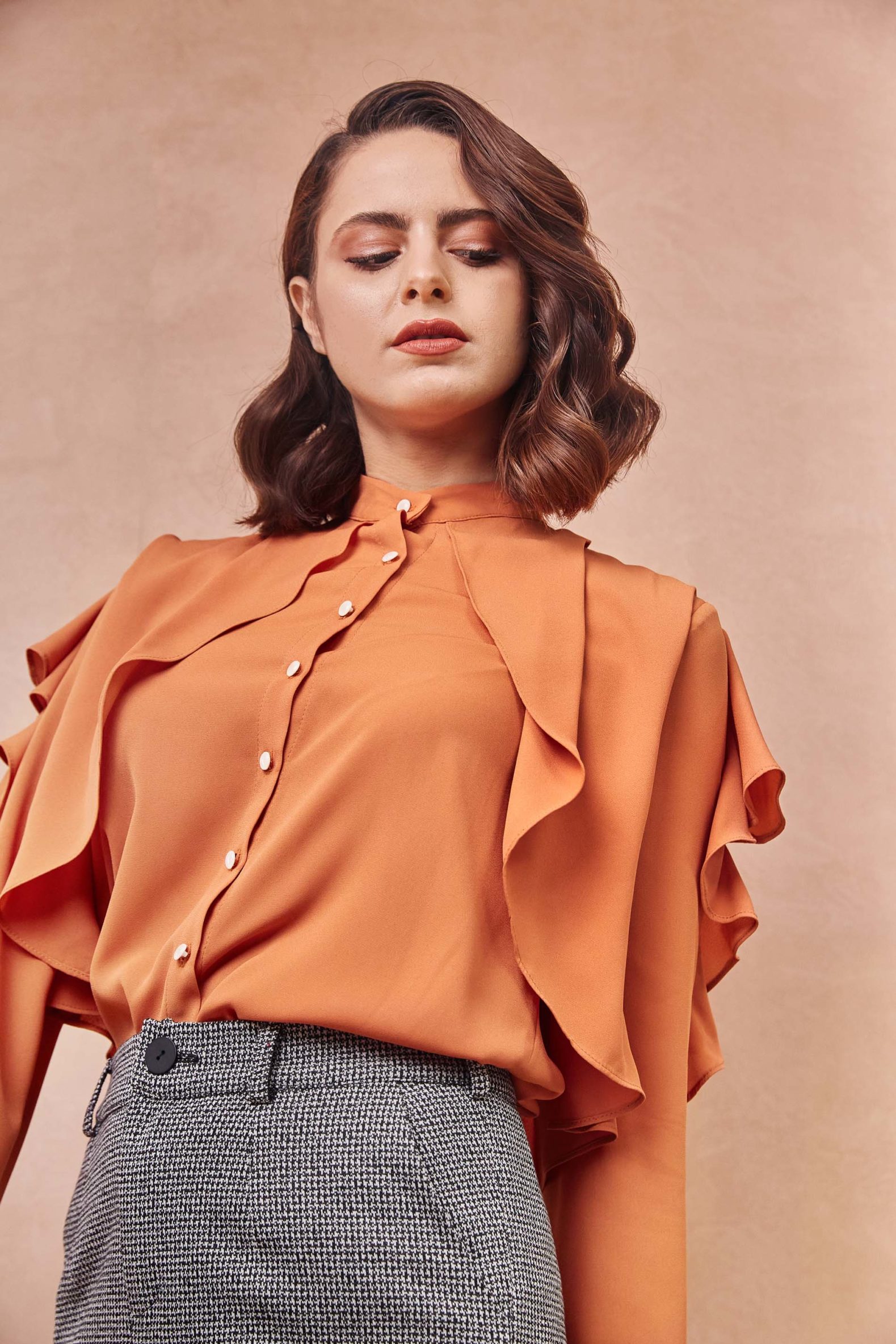 Draped Ruffle Orange Shirt