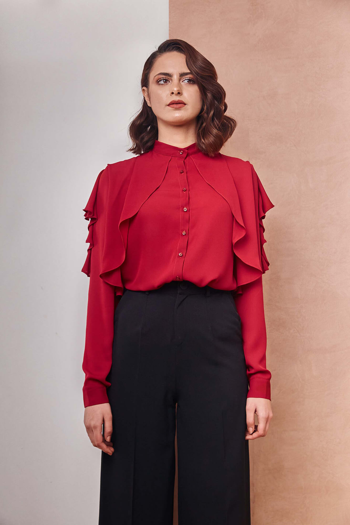 Drapped Ruffle Red Shirt