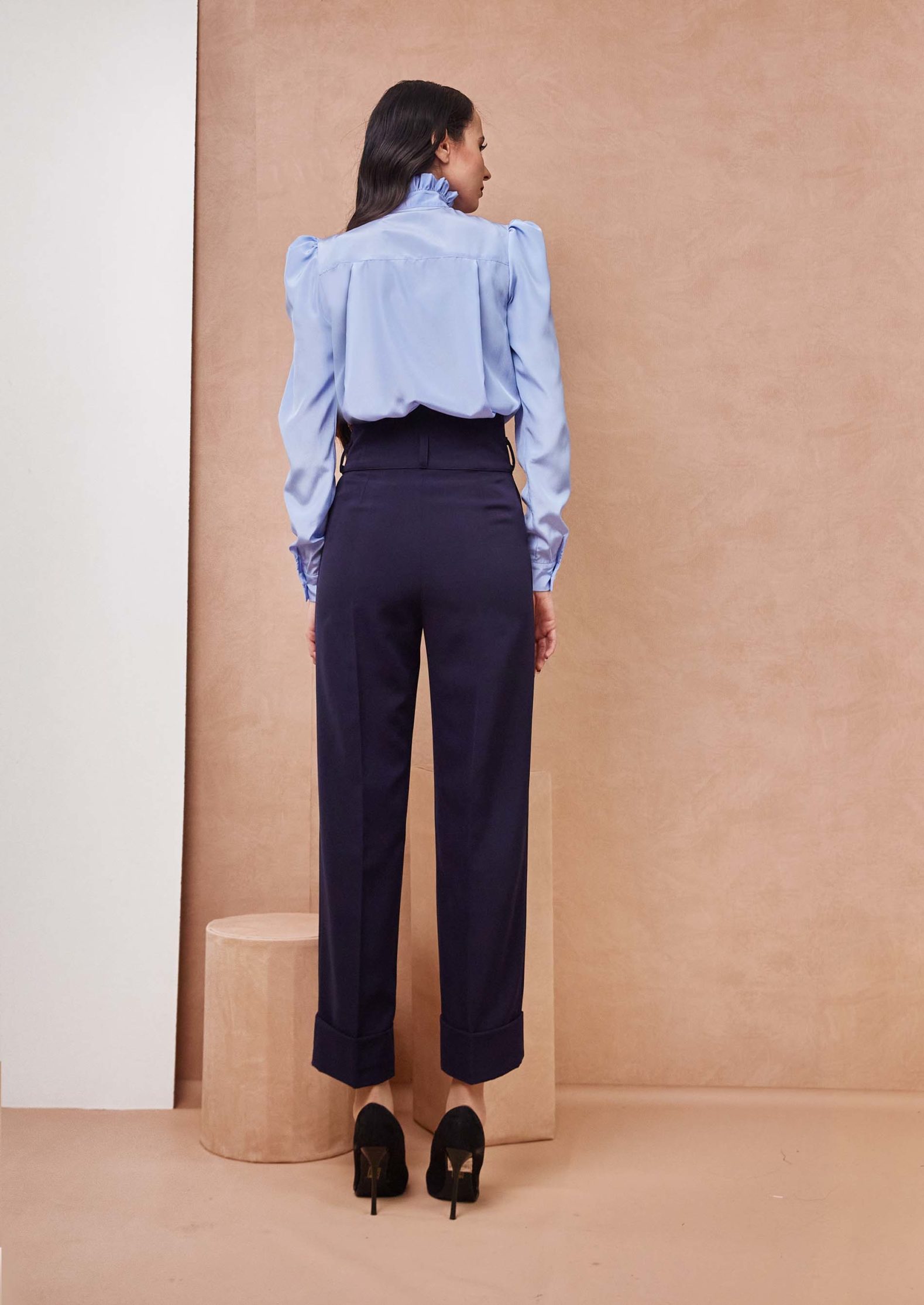 High Collar Side Button Blue Satin Shirt with High Waisted Blue pants