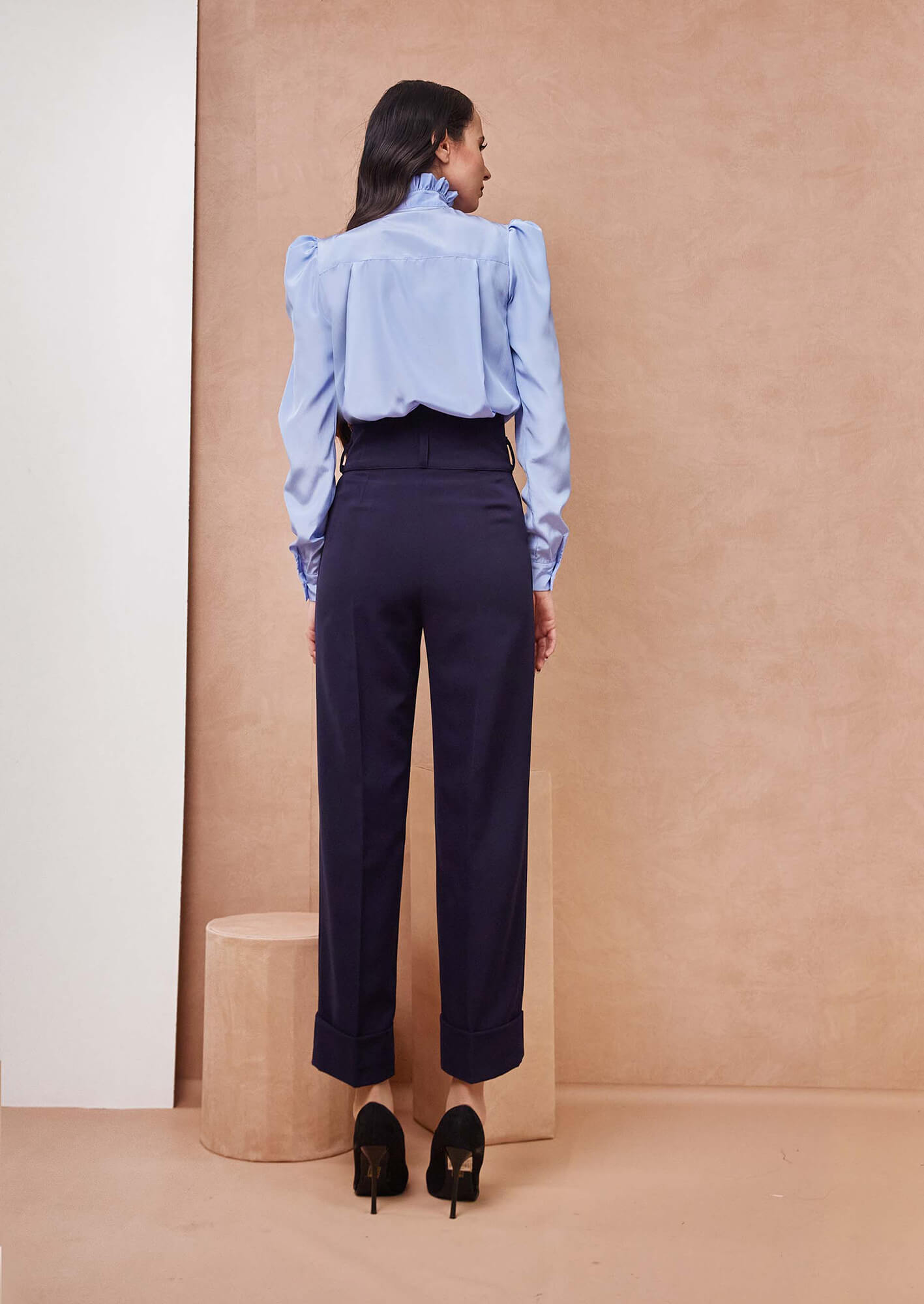 High Collar Side Button Blue Satin Shirt with High Waisted Blue pants