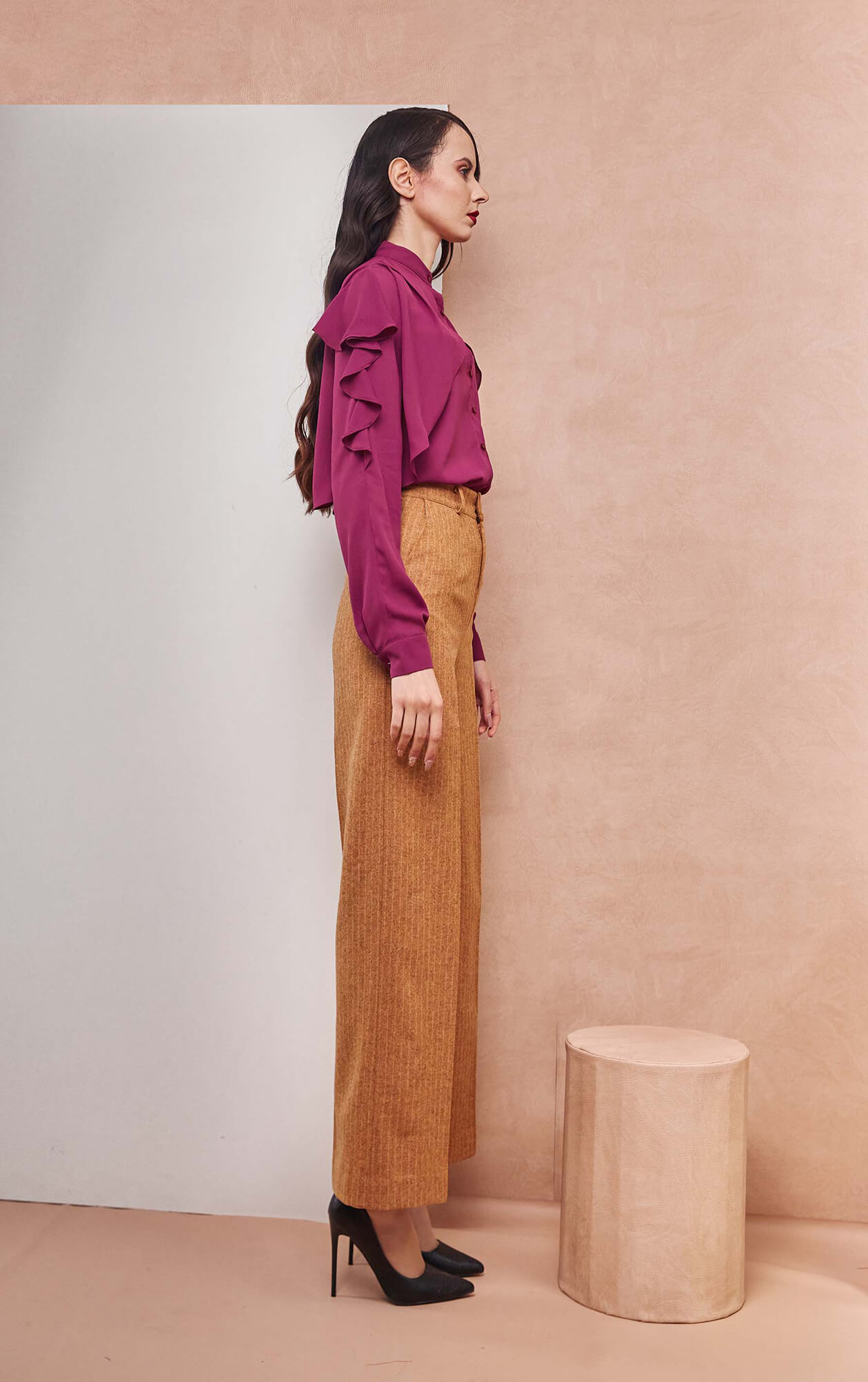 Drapped Ruffle Violet Shirt with High Rise Wool Caramel Pants