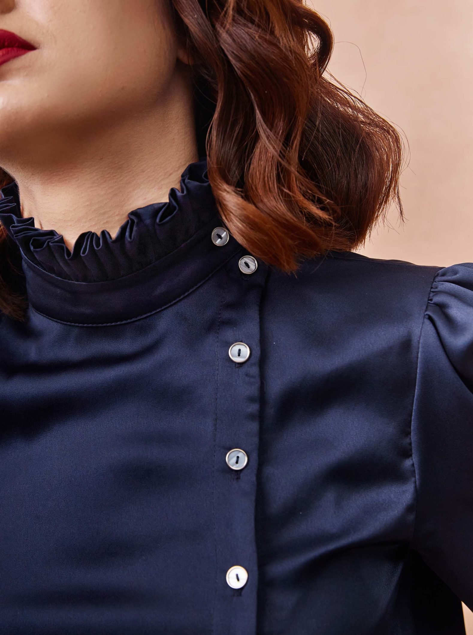 High Collar Side Button Blue Shirt