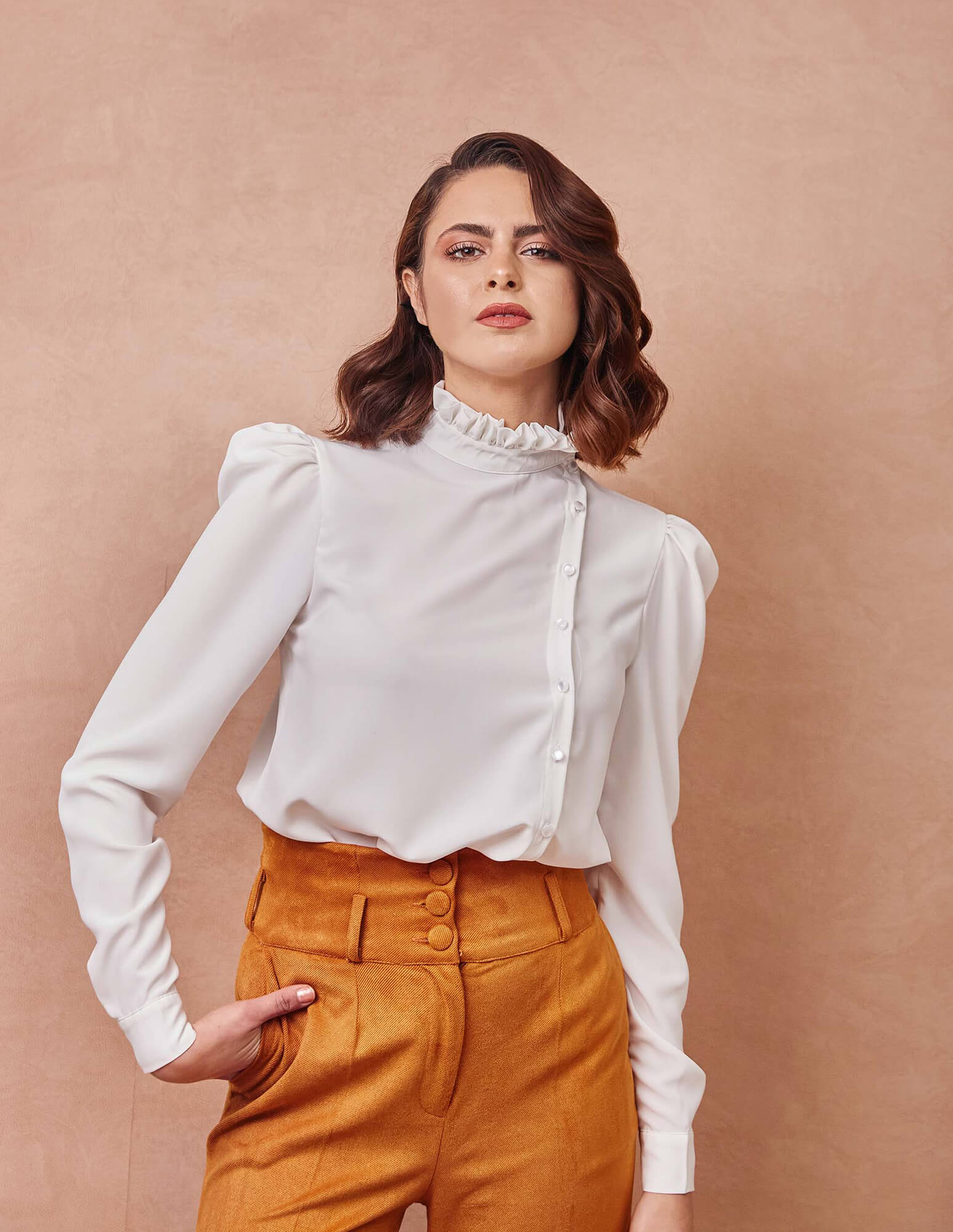 High Collar Side Button White Shirt with High Waisted Orange Pants