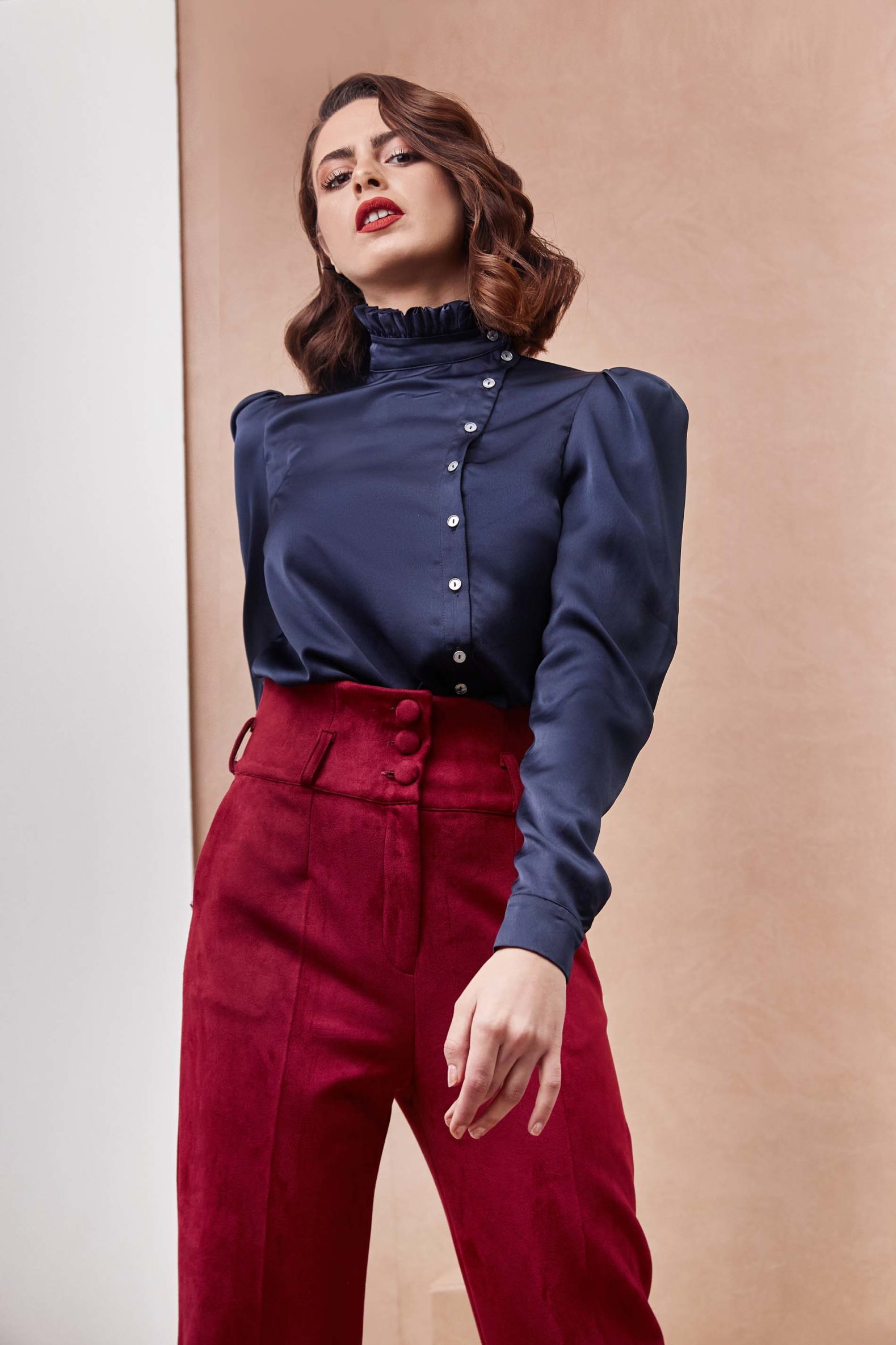 High Collar Side Button Blue Shirt with High Waisted Magenta Pants