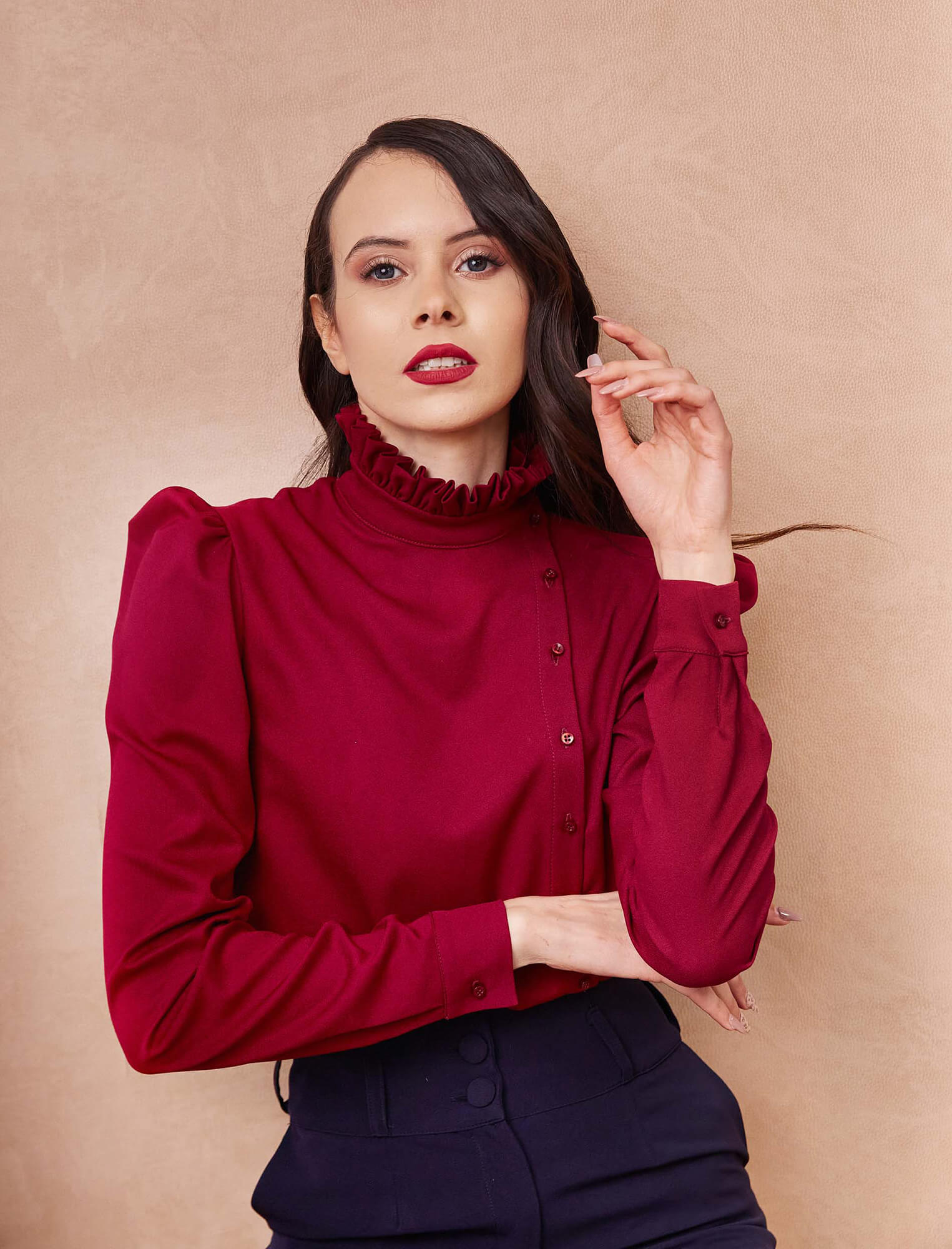 High Collar Side Button Red Shirt