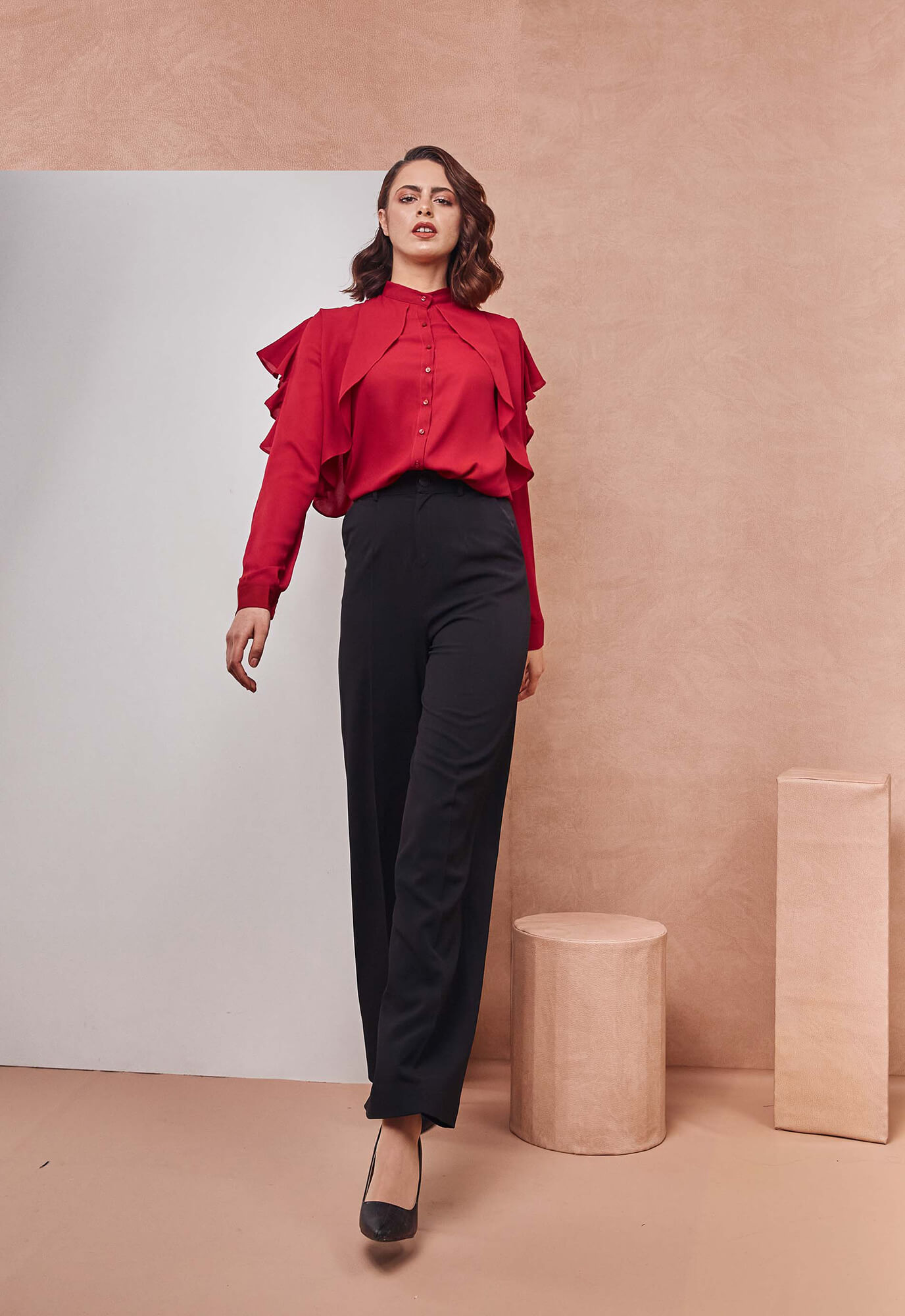 Drapped Ruffle Red Shirt