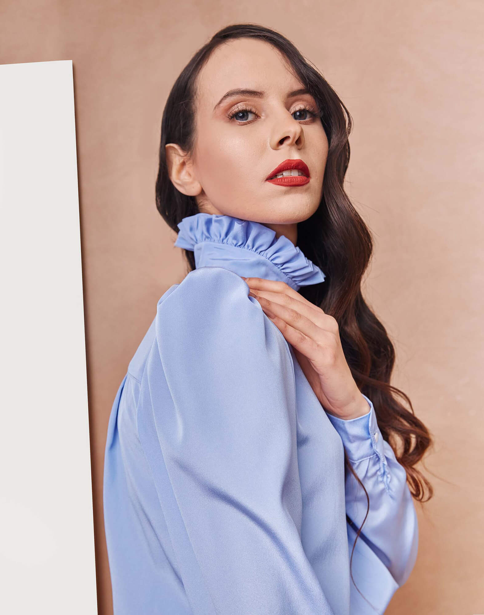 High Collar Side Button Blue Satin Shirt with High Waisted Blue pants