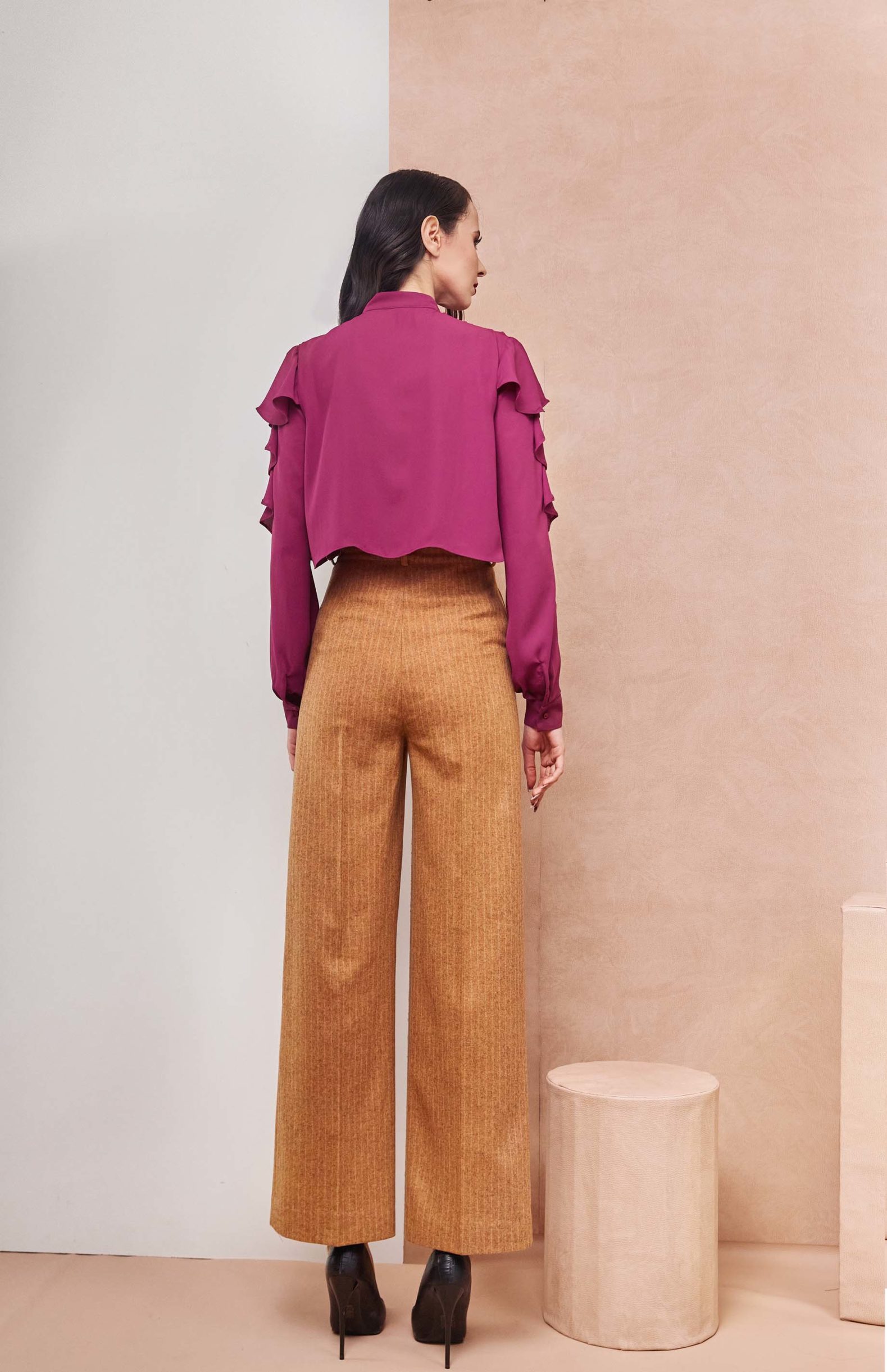 Drapped Ruffle Violet Shirt with High Rise Wool Caramel Pants