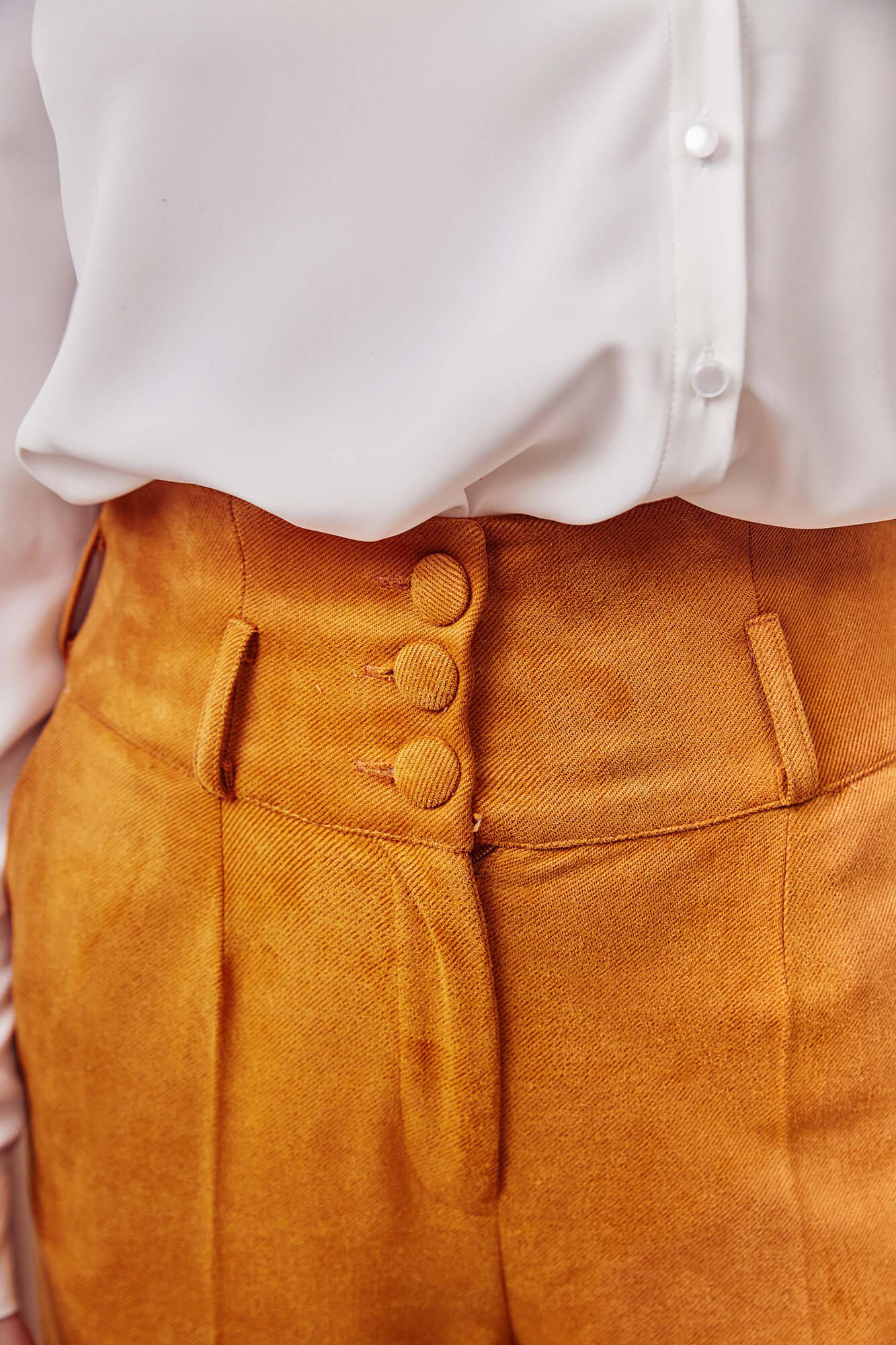 High Collar Side Button White Shirt with High Waisted Orange Pants