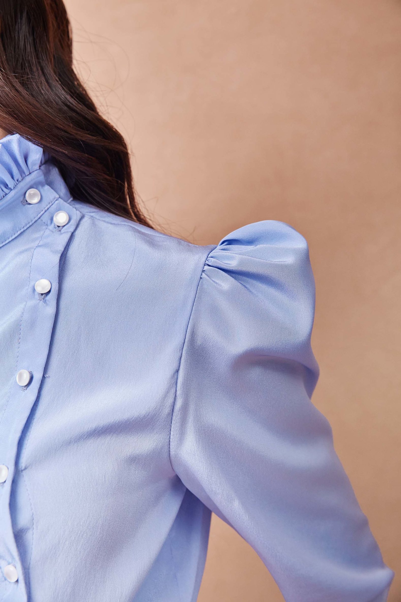 High Collar Side Button Blue Satin Shirt with High Waisted Blue pants