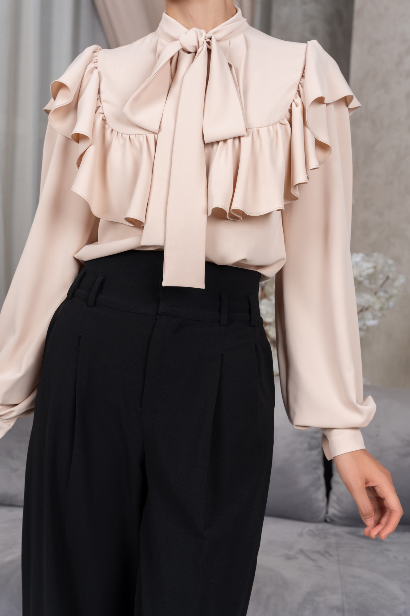 Beige Pleated Tie Neck Ruffled Shirt