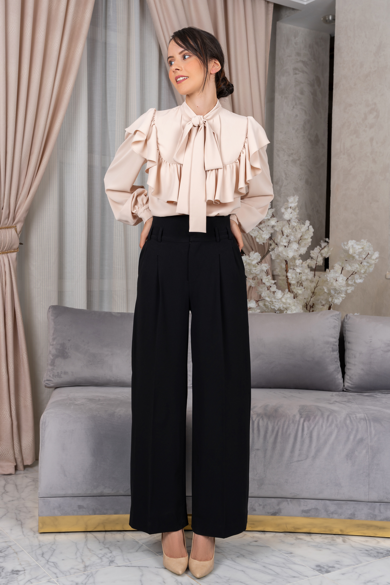 Beige Pleated Tie Neck Ruffled Shirt