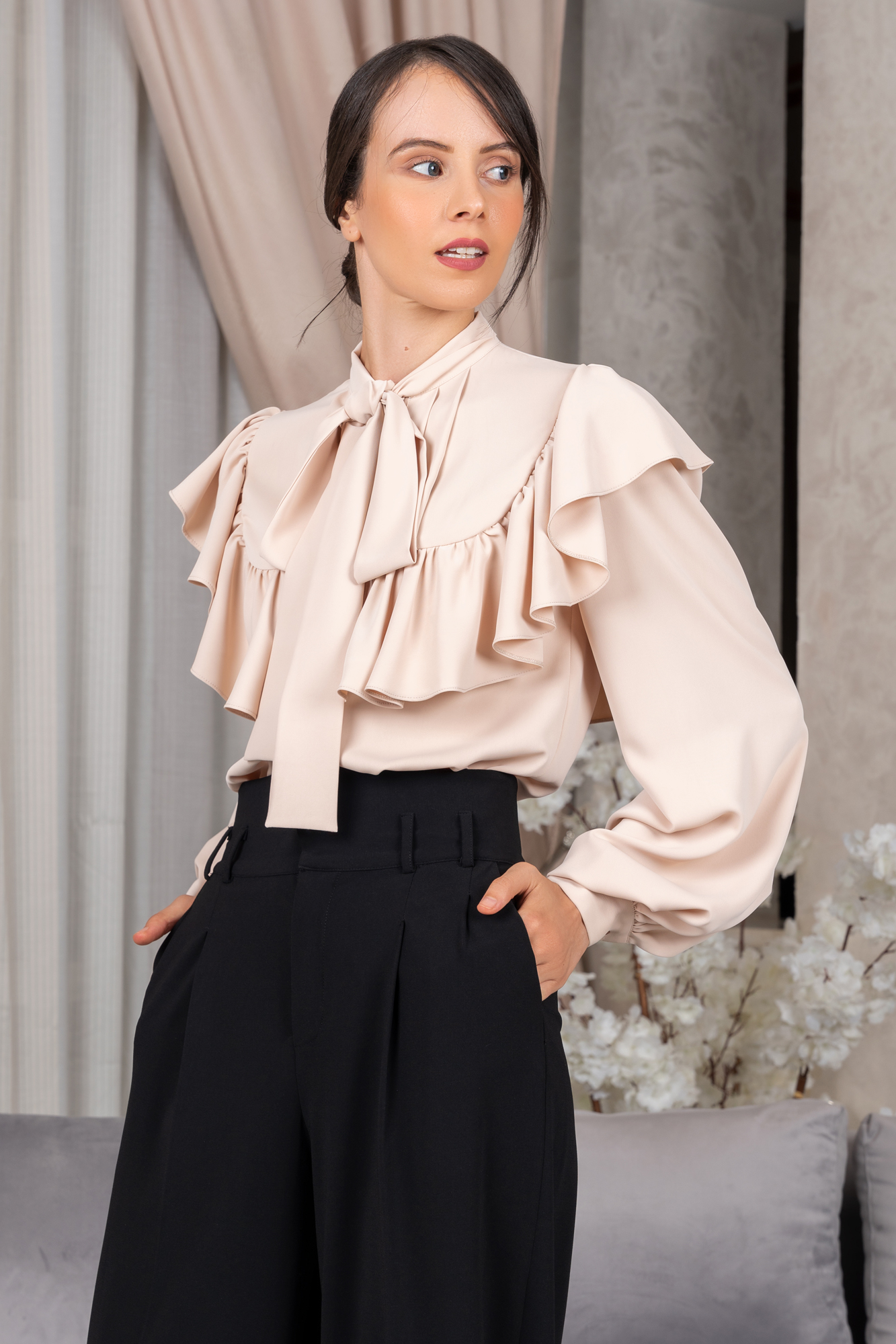 Beige Pleated Tie Neck Ruffled Shirt